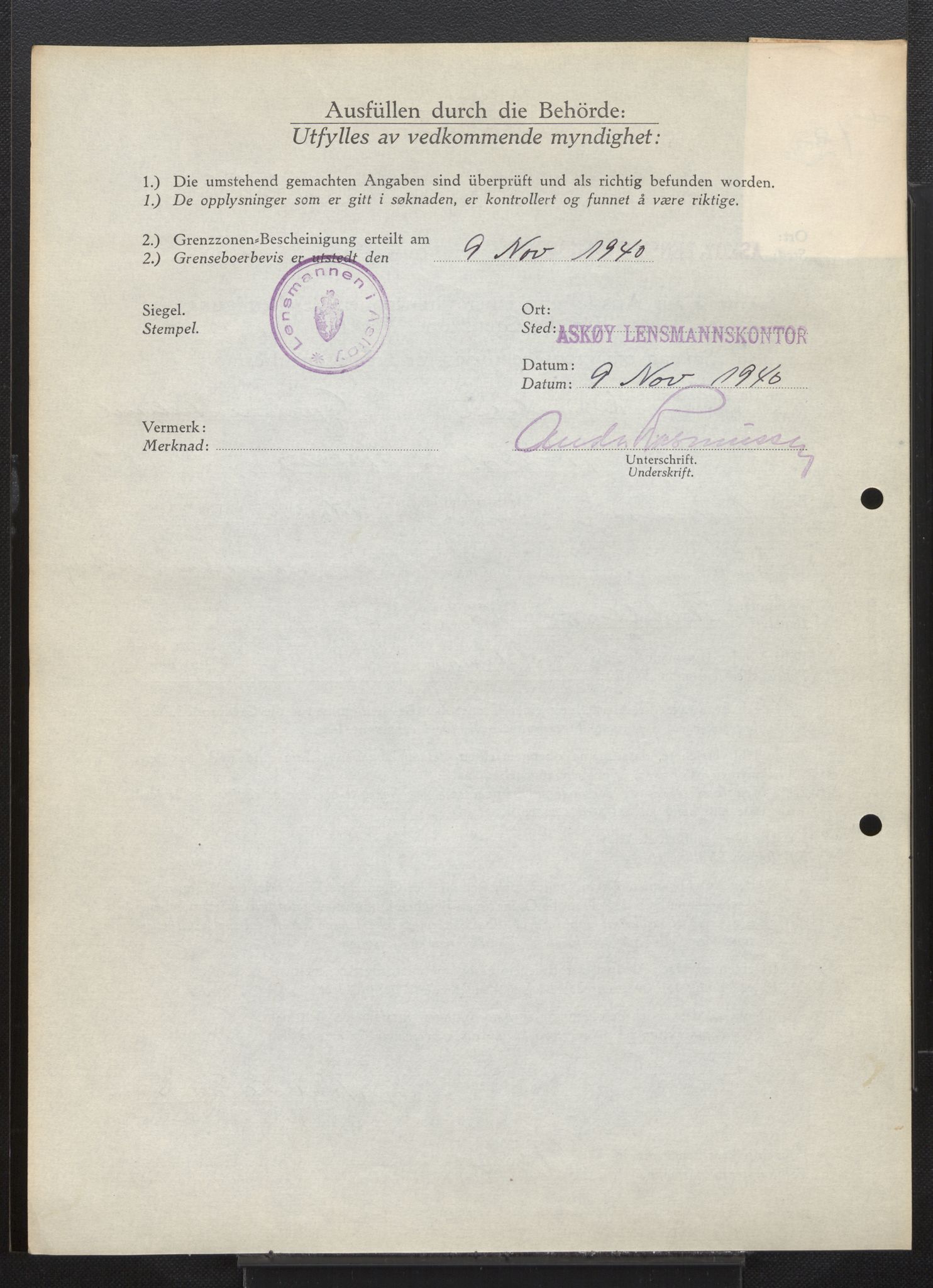 Lensmannen i Askøy, AV/SAB-A-31001/0026/L0008: Søknader om grensebuarbevis 2126 - 2550, 1940, s. 316