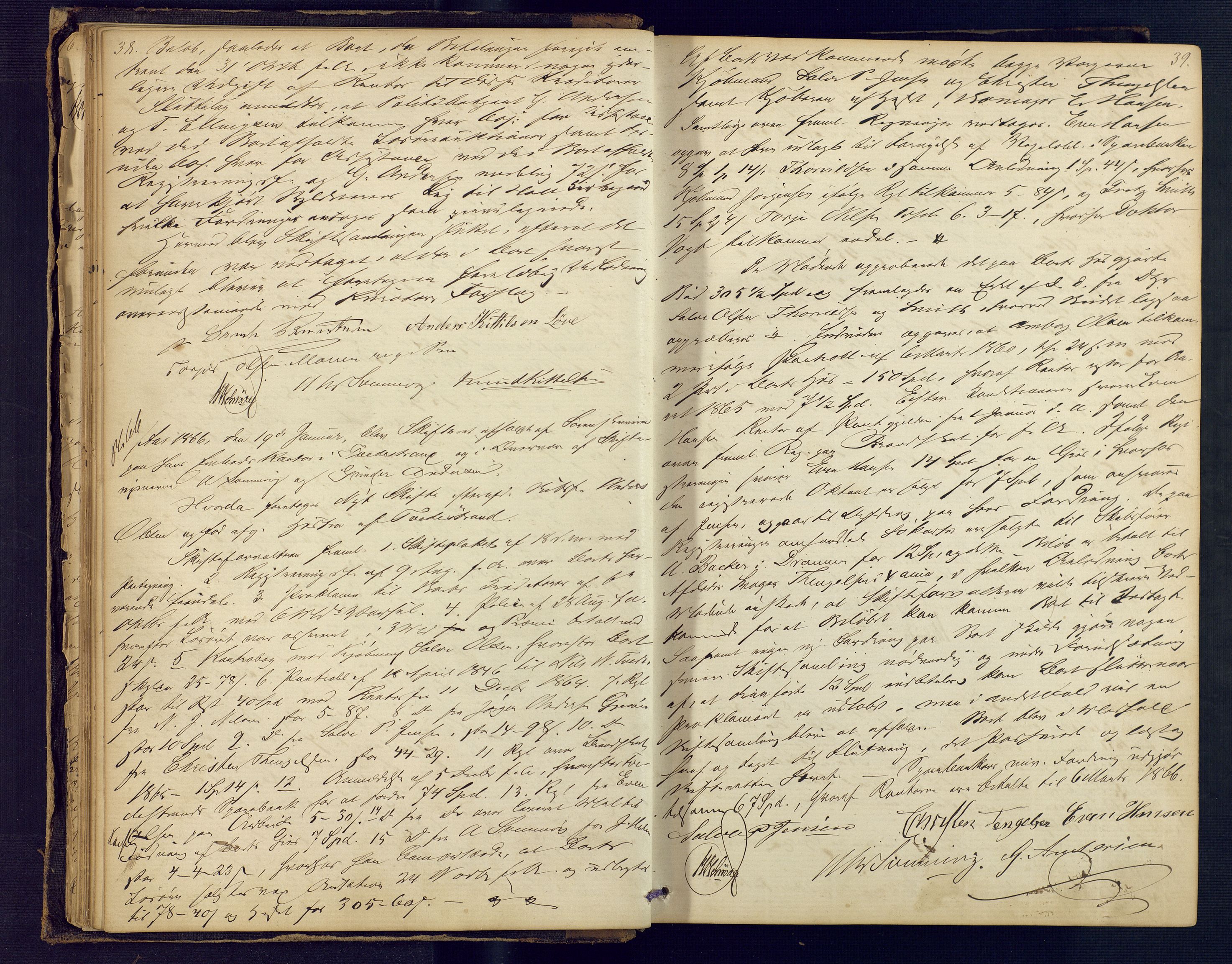 Holt sorenskriveri, AV/SAK-1221-0002/H/Hc/L0014: Skiftebehandlingsprotokoll nr. 5, 1865-1875, s. 38-39