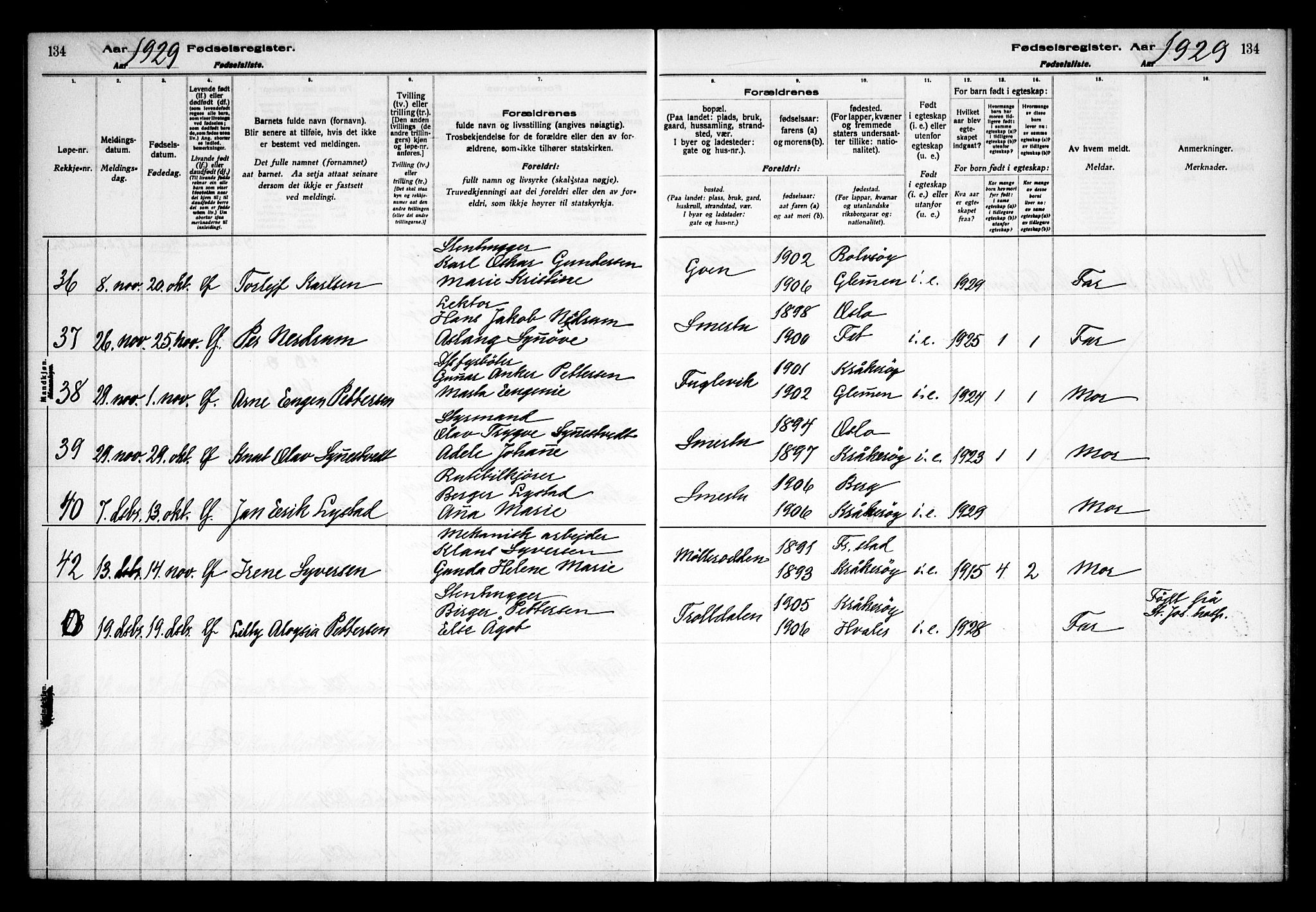 Kråkerøy prestekontor Kirkebøker, AV/SAO-A-10912/J/Ja/L0001: Fødselsregister nr. 1, 1916-1938, s. 134