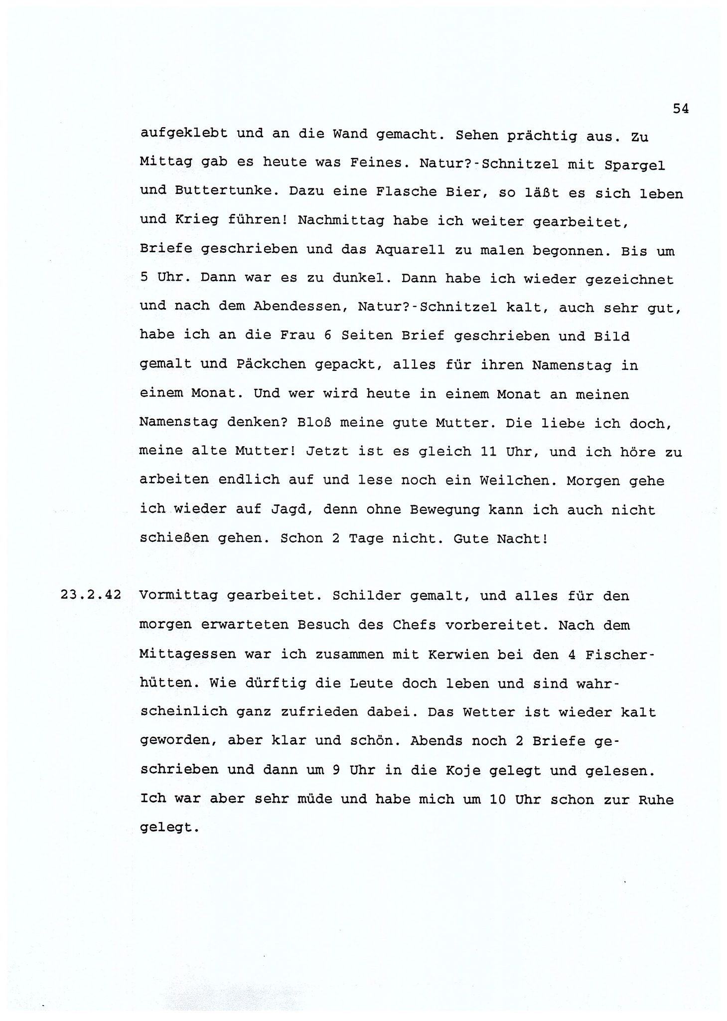 Dagbokopptegnelser av en tysk marineoffiser stasjonert i Norge , FMFB/A-1160/F/L0001: Dagbokopptegnelser av en tysk marineoffiser stasjonert i Norge, 1941-1944, s. 54