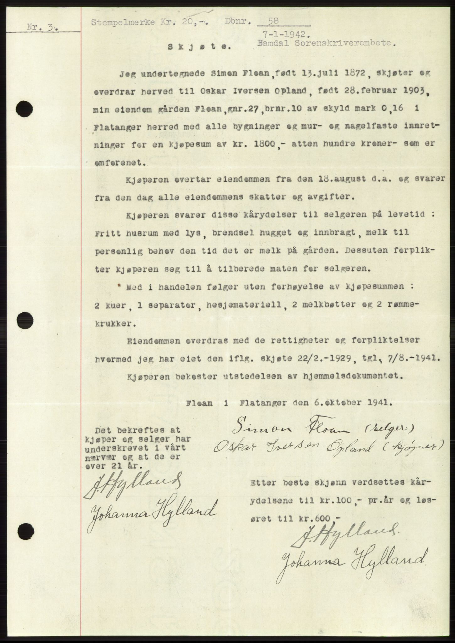 Namdal sorenskriveri, SAT/A-4133/1/2/2C: Pantebok nr. -, 1941-1942, Dagboknr: 58/1942
