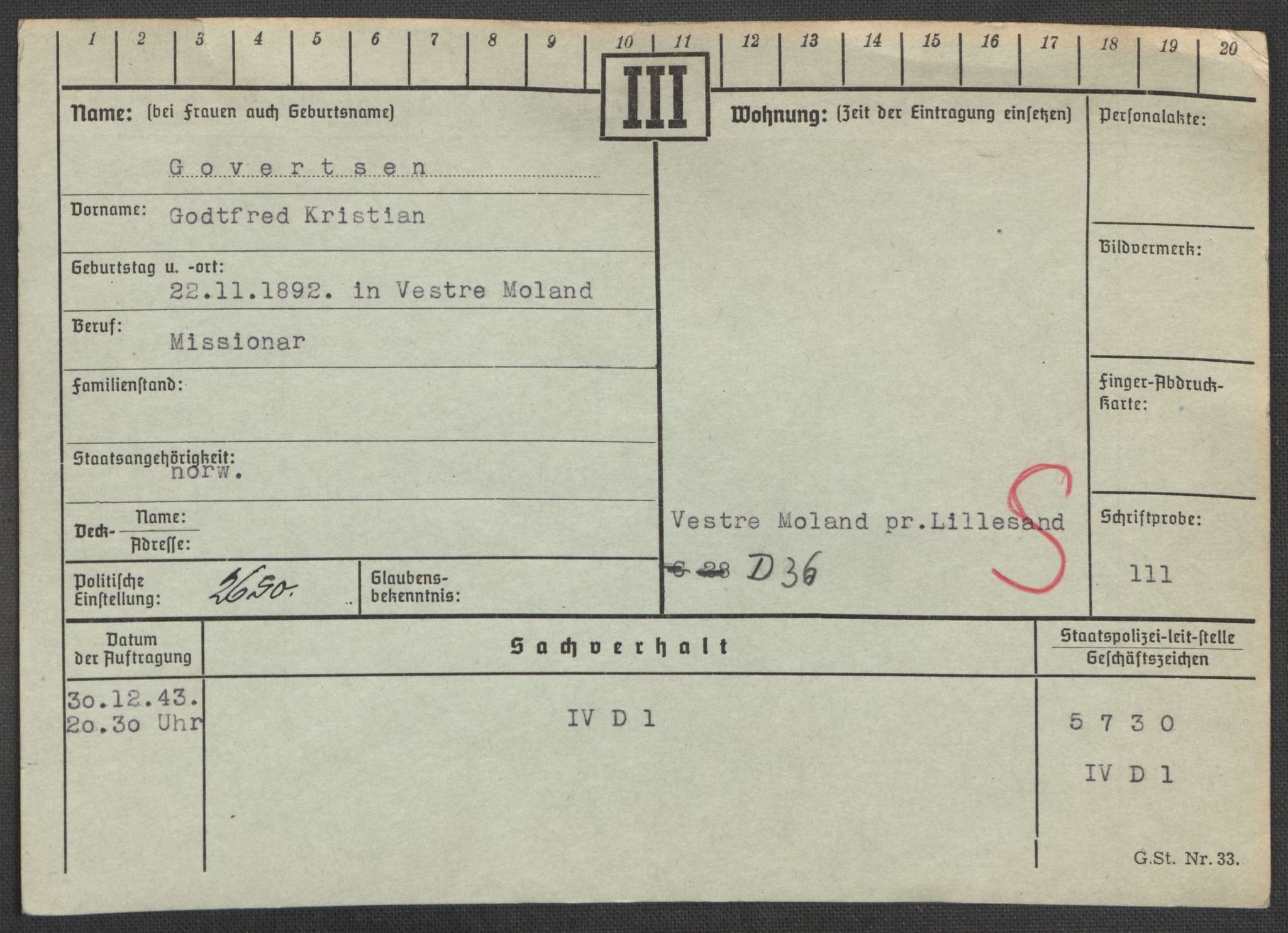 Befehlshaber der Sicherheitspolizei und des SD, AV/RA-RAFA-5969/E/Ea/Eaa/L0003: Register over norske fanger i Møllergata 19: Eng-Hag, 1940-1945, s. 909