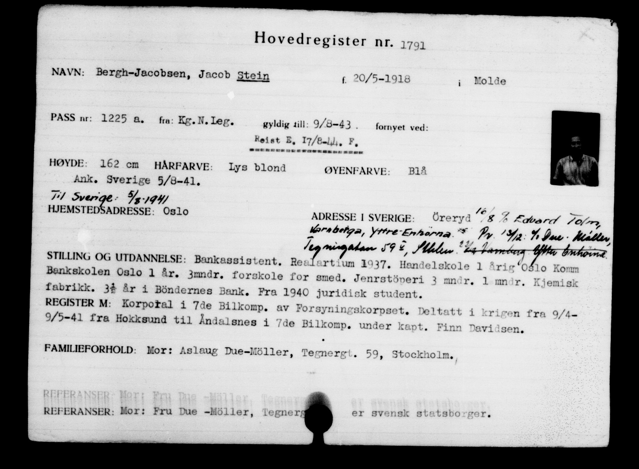 Utenriksstasjonene, Legasjonen i Stockholm, Flyktningkontoret, AV/RA-S-6753/V/Va/L0002: Kjesäterkartoteket, flyktninger med registreringsnr. 1001-2000, 1940-1945, s. 1129