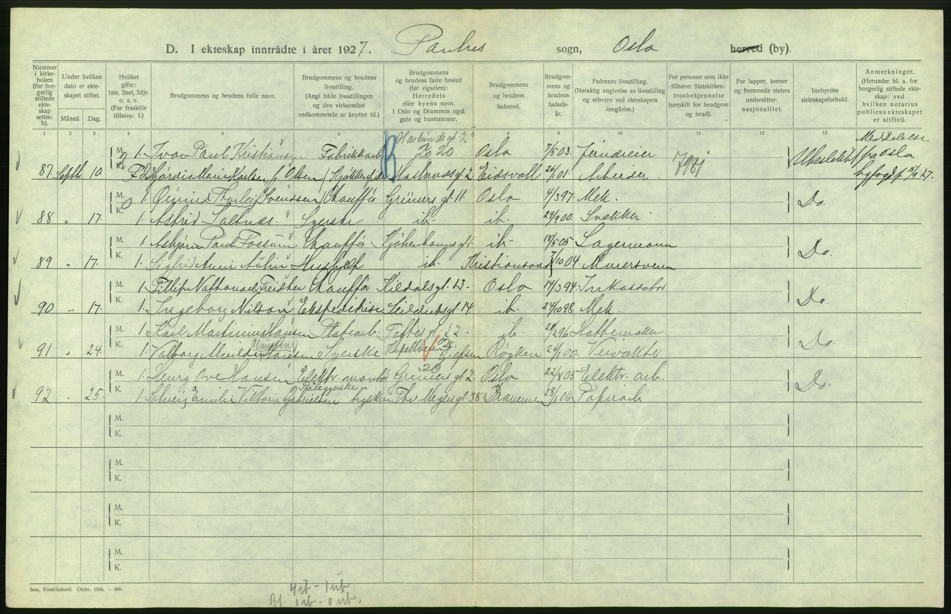 Statistisk sentralbyrå, Sosiodemografiske emner, Befolkning, AV/RA-S-2228/D/Df/Dfc/Dfcg/L0008: Oslo: Gifte, 1927, s. 464