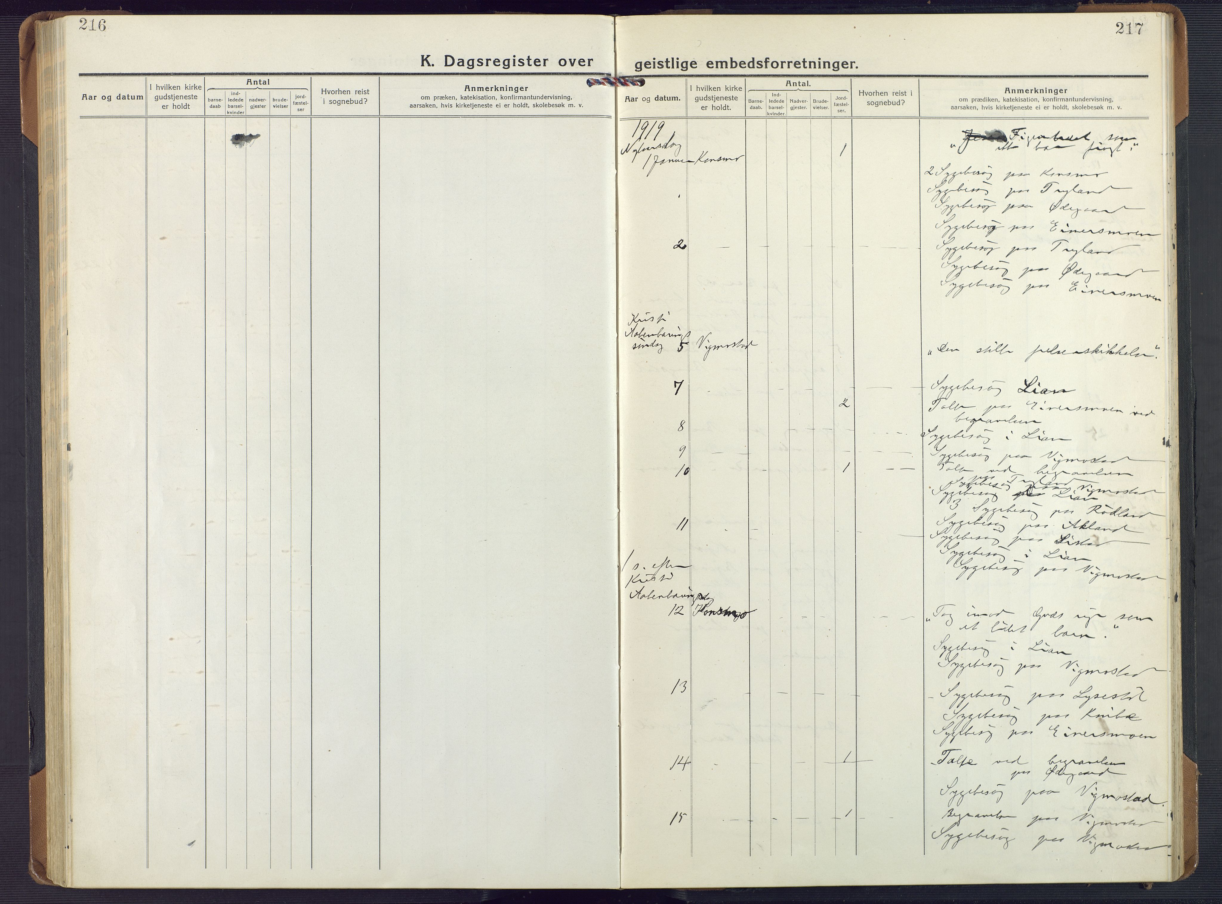 Nord-Audnedal sokneprestkontor, AV/SAK-1111-0032/F/Fa/Fab/L0005: Ministerialbok nr. A 5, 1918-1925, s. 216-217