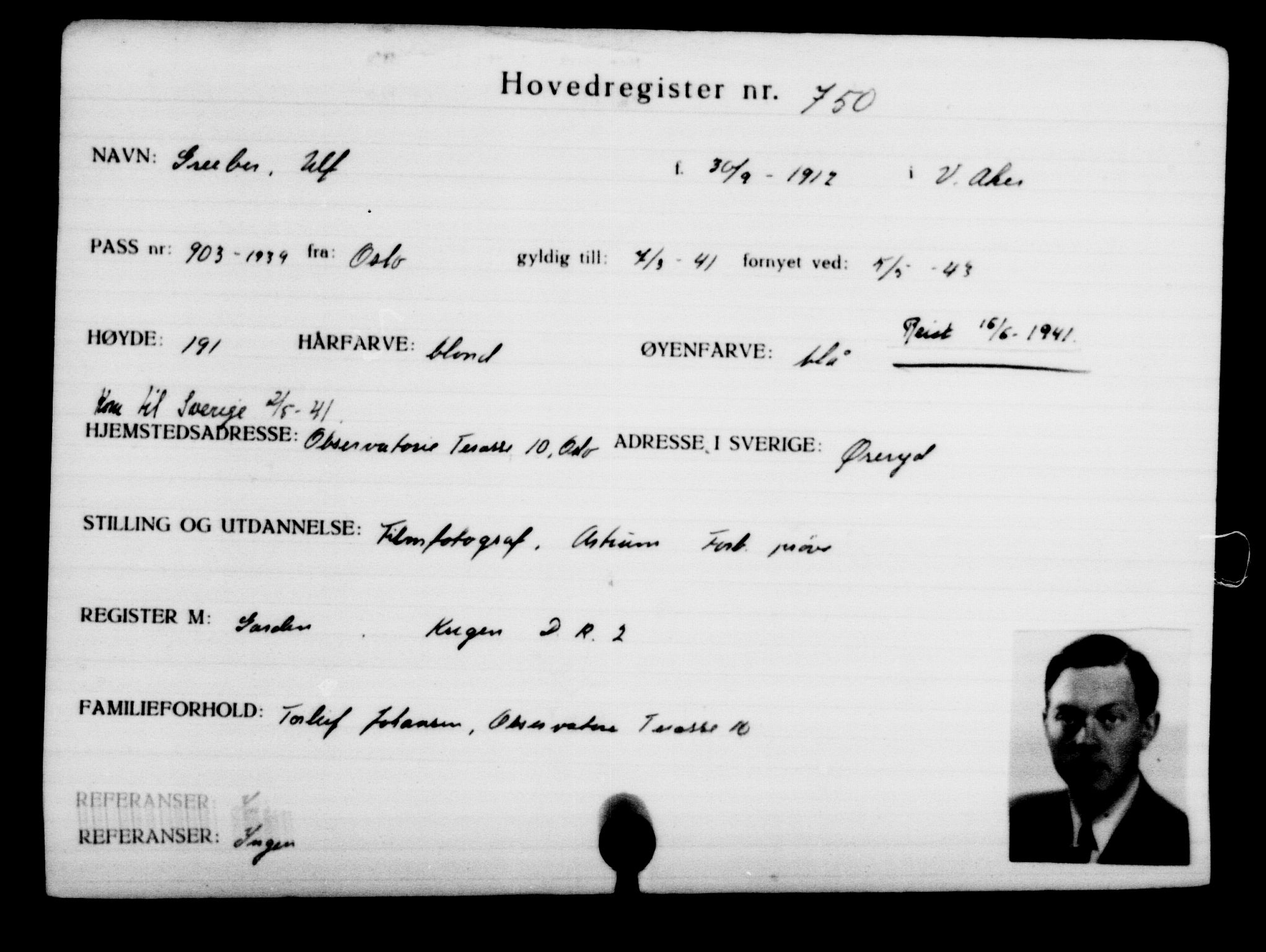 Utenriksstasjonene, Legasjonen i Stockholm, Flyktningkontoret, AV/RA-S-6753/V/Va/L0001: Kjesäterkartoteket, flyktninger med registreringsnr. 1-1000, 1940-1945, s. 1183