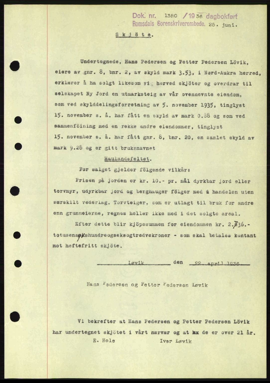 Romsdal sorenskriveri, SAT/A-4149/1/2/2C: Pantebok nr. A1, 1936-1936, Dagboknr: 1380/1936