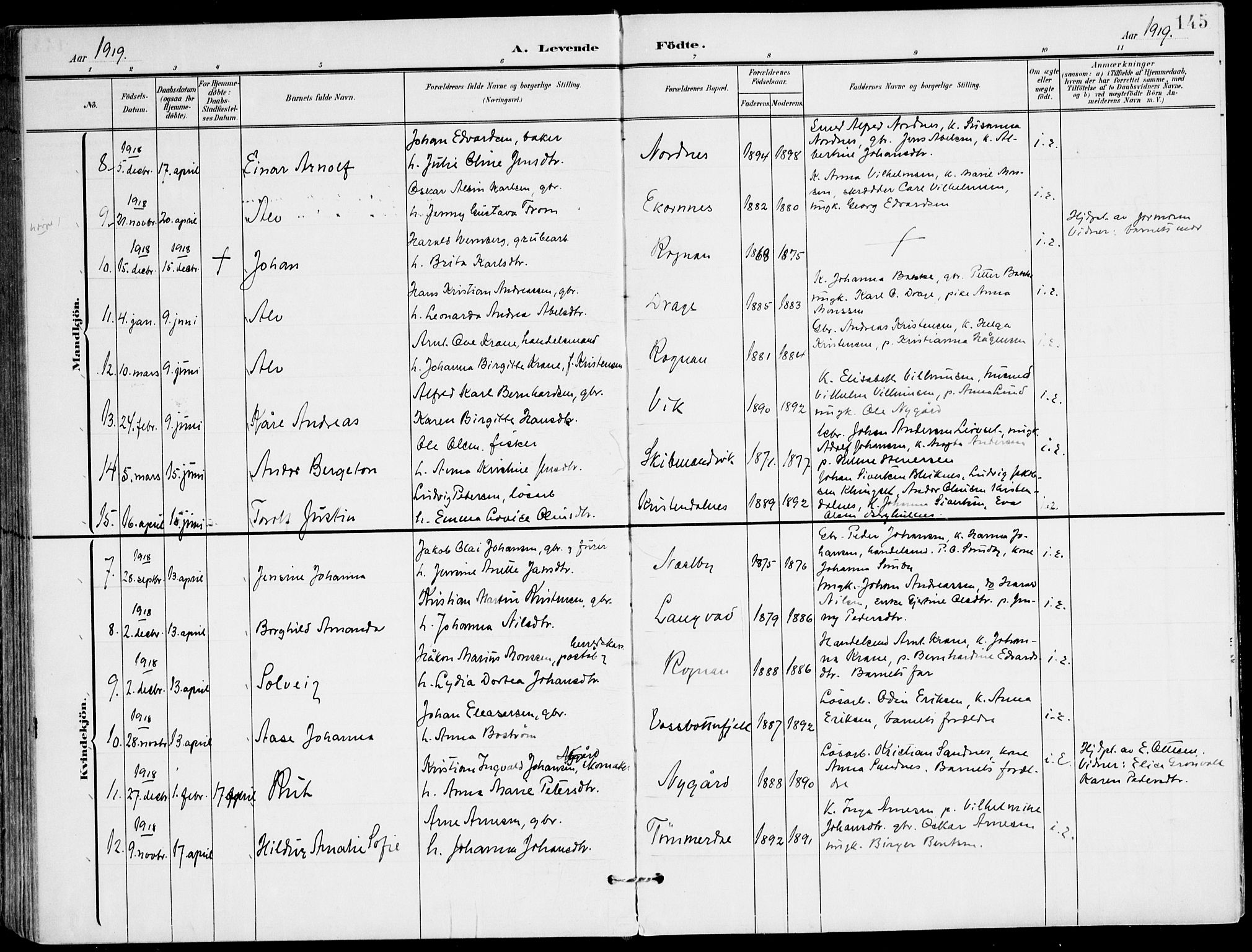 Ministerialprotokoller, klokkerbøker og fødselsregistre - Nordland, AV/SAT-A-1459/847/L0672: Ministerialbok nr. 847A12, 1902-1919, s. 145