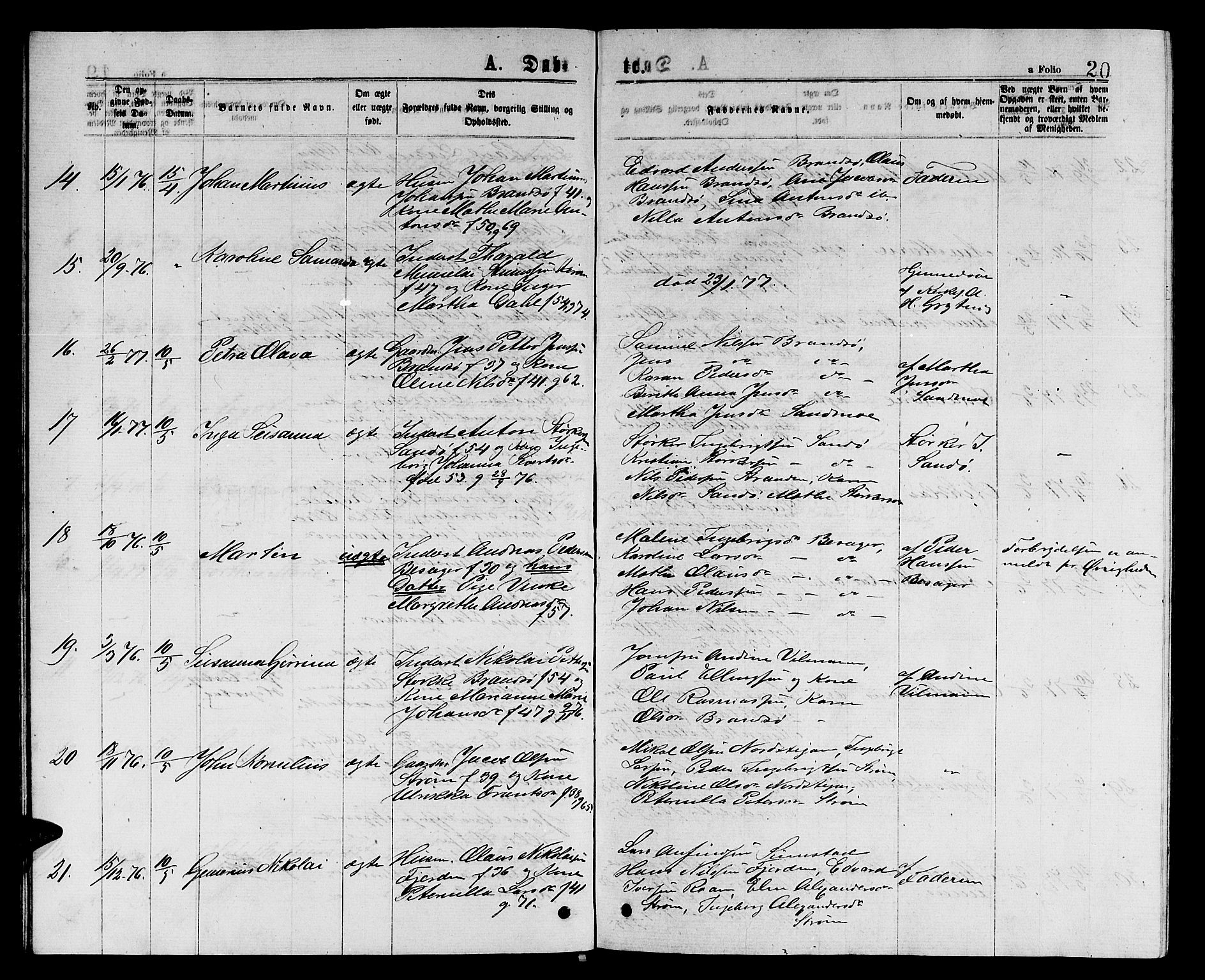 Ministerialprotokoller, klokkerbøker og fødselsregistre - Sør-Trøndelag, SAT/A-1456/657/L0715: Klokkerbok nr. 657C02, 1873-1888, s. 20