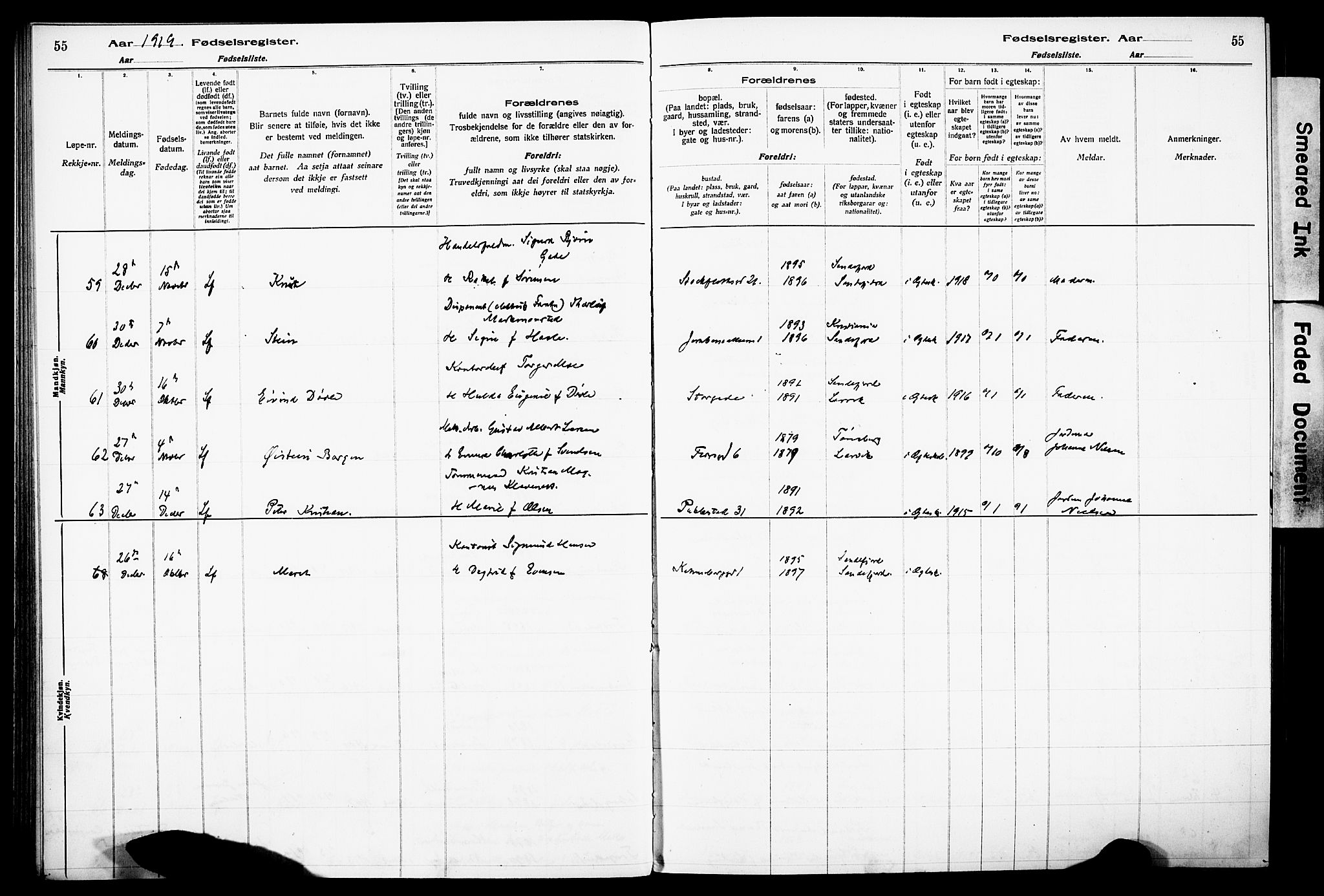 Sandefjord kirkebøker, AV/SAKO-A-315/J/Ja/L0001: Fødselsregister nr. 1, 1916-1932, s. 55