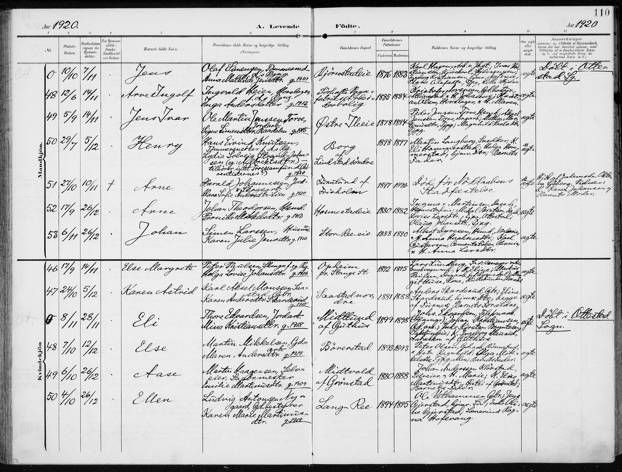 Stange prestekontor, AV/SAH-PREST-002/K/L0024: Ministerialbok nr. 24, 1906-1922, s. 110