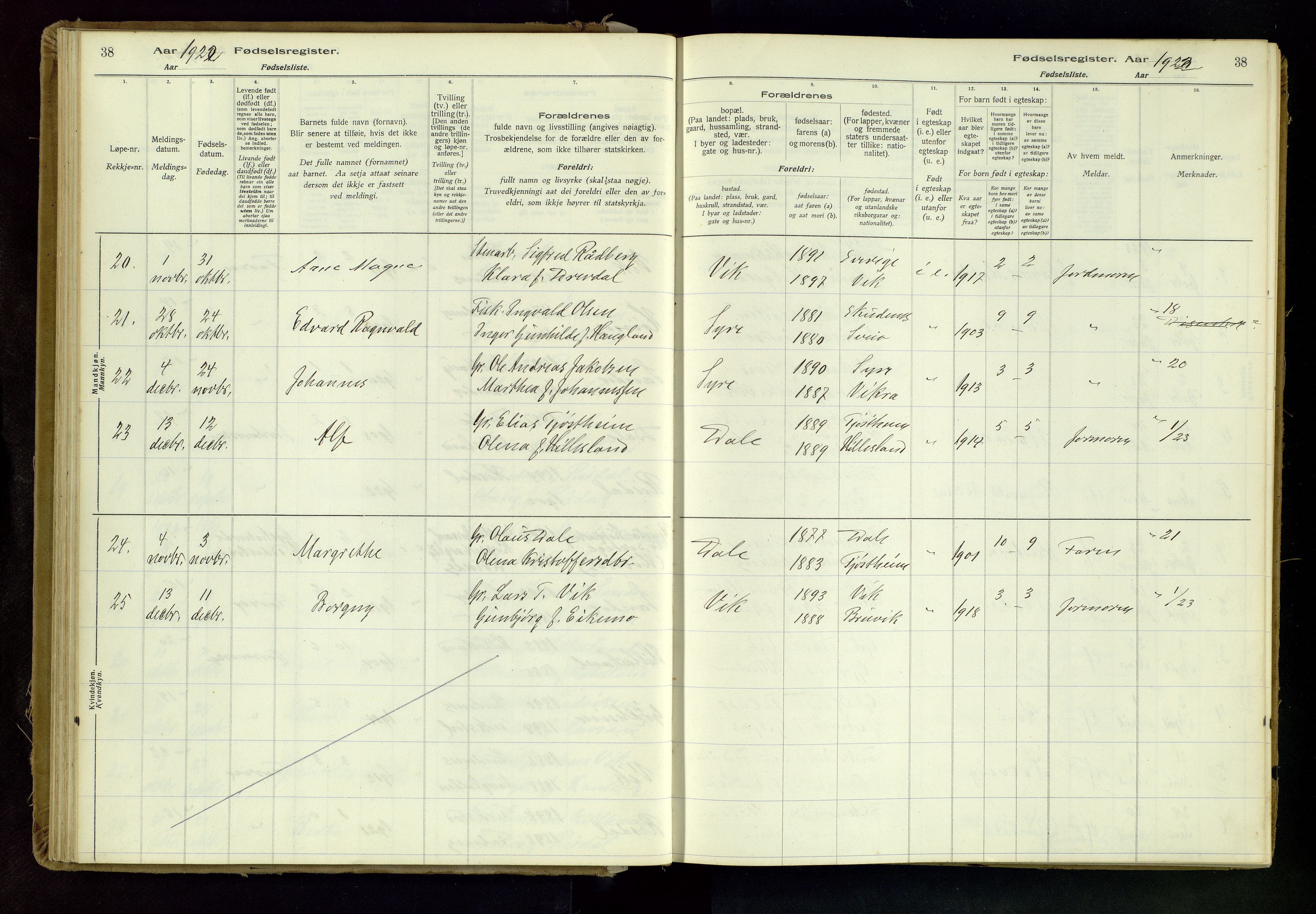 Skudenes sokneprestkontor, AV/SAST-A -101849/I/Id/L0001: Fødselsregister nr. 1, 1916-1964, s. 38