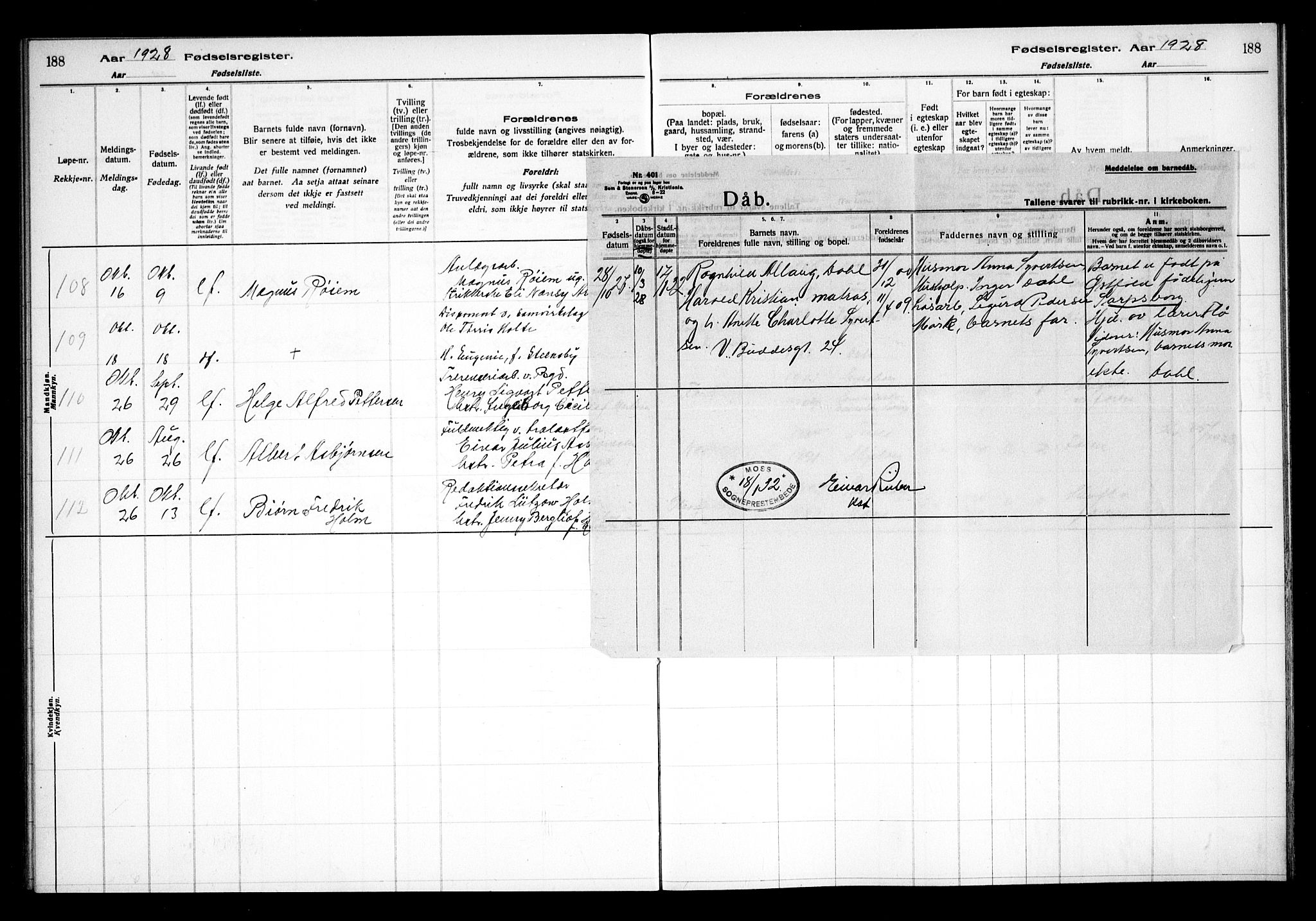 Sarpsborg prestekontor Kirkebøker, SAO/A-2006/J/Ja/L0002: Fødselsregister nr. 2, 1922-1928, s. 188