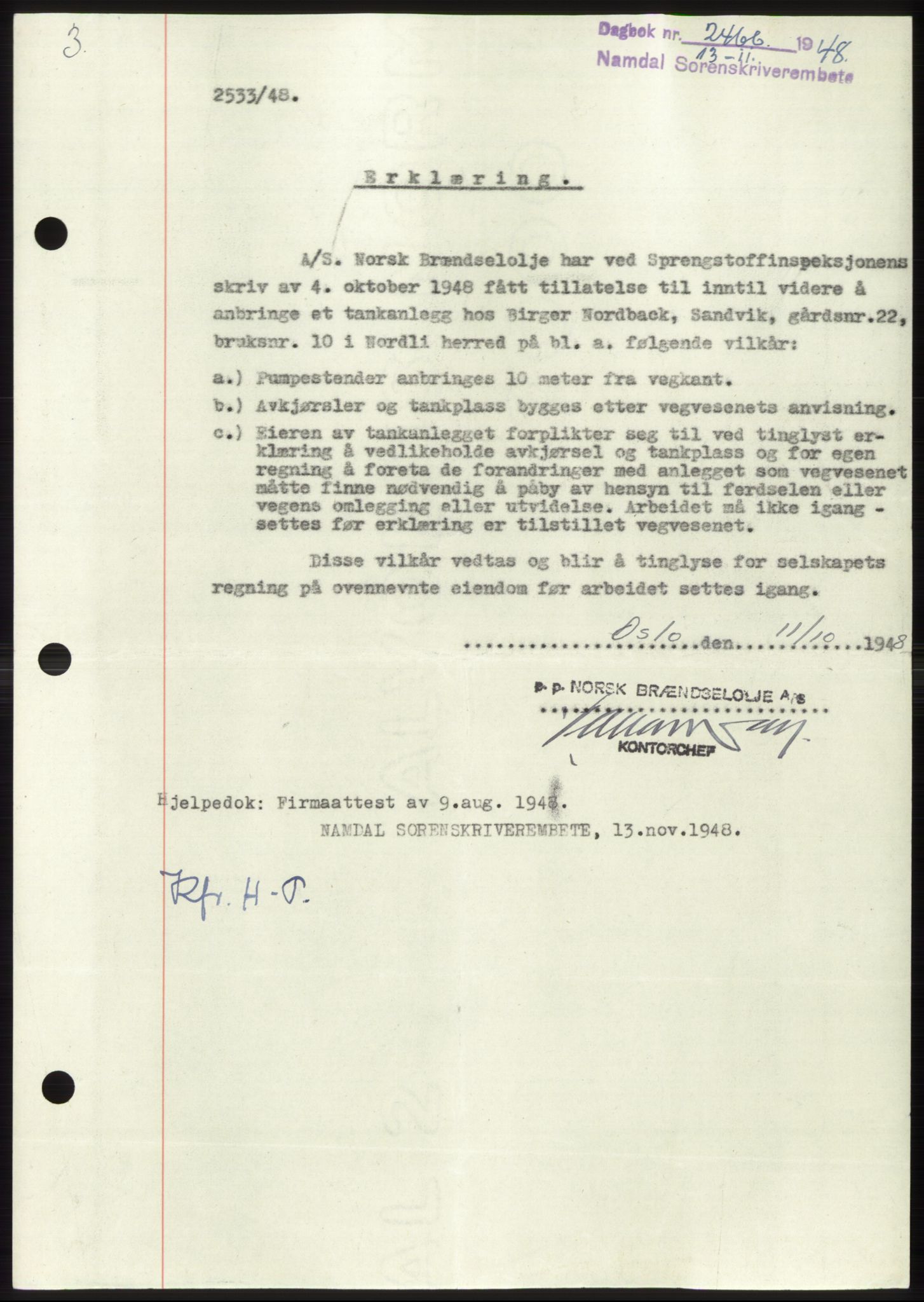 Namdal sorenskriveri, SAT/A-4133/1/2/2C: Pantebok nr. -, 1948-1948, Dagboknr: 2466/1948
