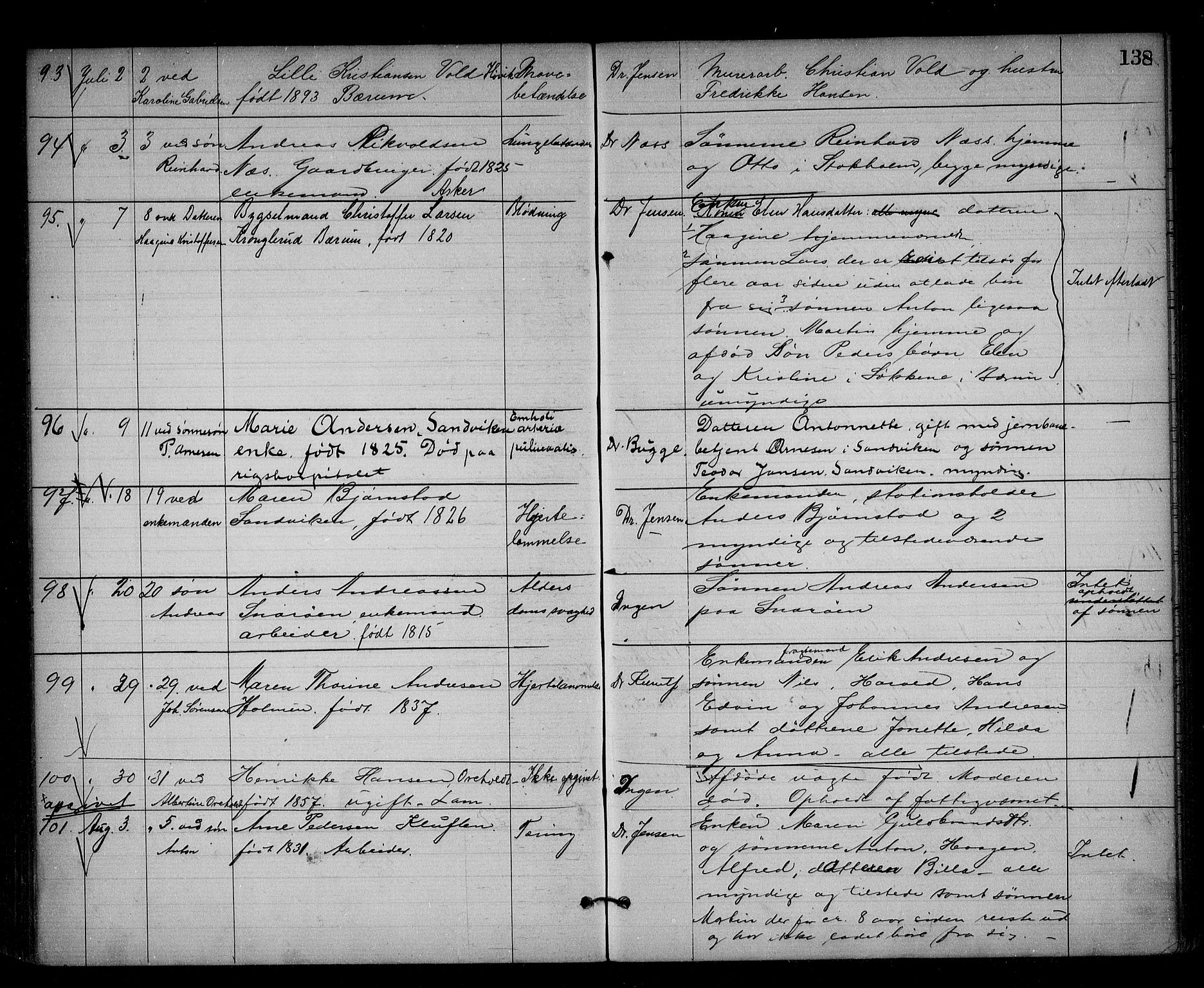 Asker og Bærum lensmannskontor, AV/SAO-A-10643/H/Ha/Haa/L0004: Dødsanmeldelsesprotokoll, 1882-1900, s. 138