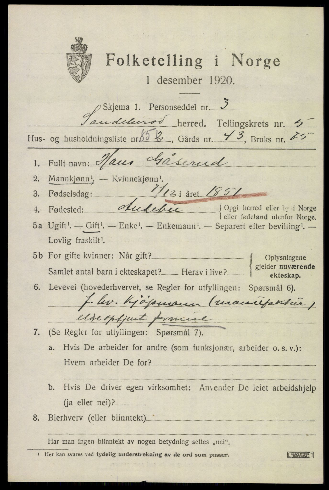 SAKO, Folketelling 1920 for 0724 Sandeherred herred, 1920, s. 9210