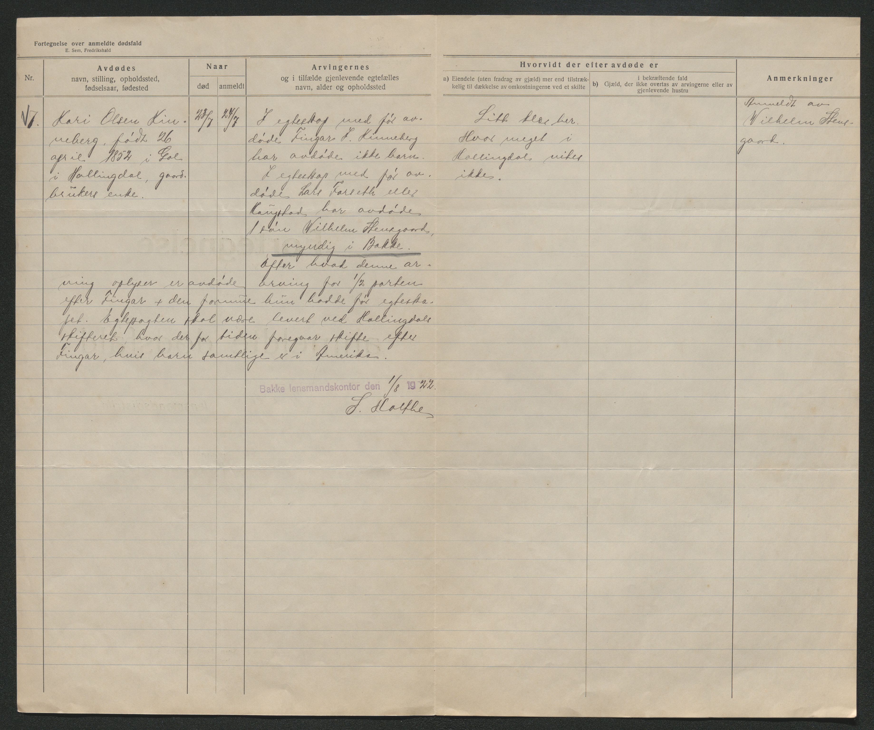 Eiker, Modum og Sigdal sorenskriveri, AV/SAKO-A-123/H/Ha/Hab/L0041: Dødsfallsmeldinger, 1922-1923, s. 289