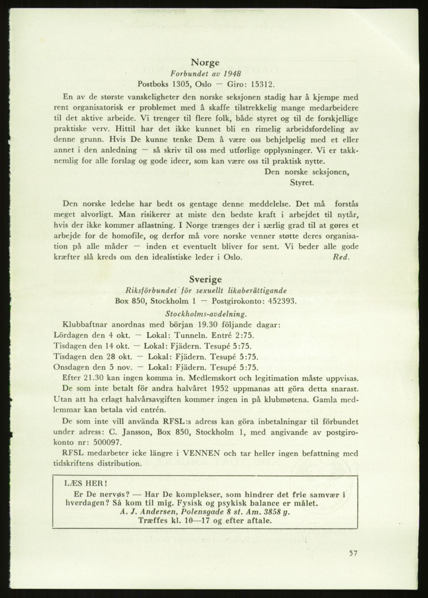 Det Norske Forbundet av 1948/Landsforeningen for Lesbisk og Homofil Frigjøring, AV/RA-PA-1216/E/Eb/L0001: Intern informasjon, 1952-1991, s. 21