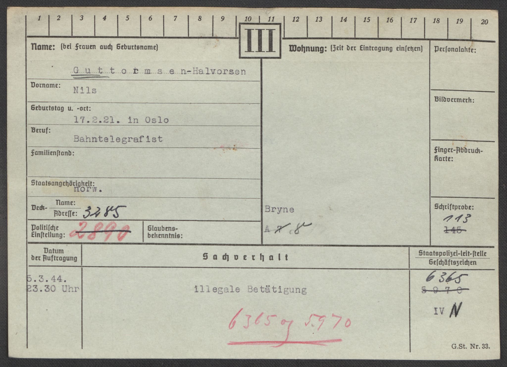Befehlshaber der Sicherheitspolizei und des SD, RA/RAFA-5969/E/Ea/Eaa/L0003: Register over norske fanger i Møllergata 19: Eng-Hag, 1940-1945, s. 1332