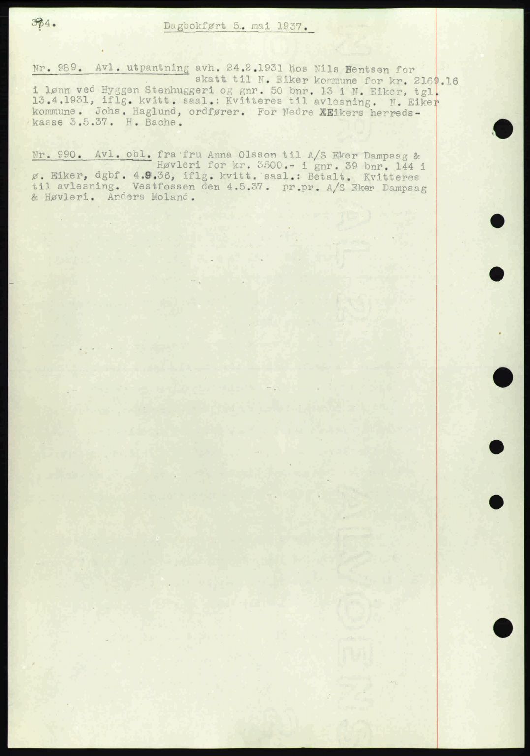 Eiker, Modum og Sigdal sorenskriveri, SAKO/A-123/G/Ga/Gab/L0035: Pantebok nr. A5, 1937-1937, Dagboknr: 989/1937