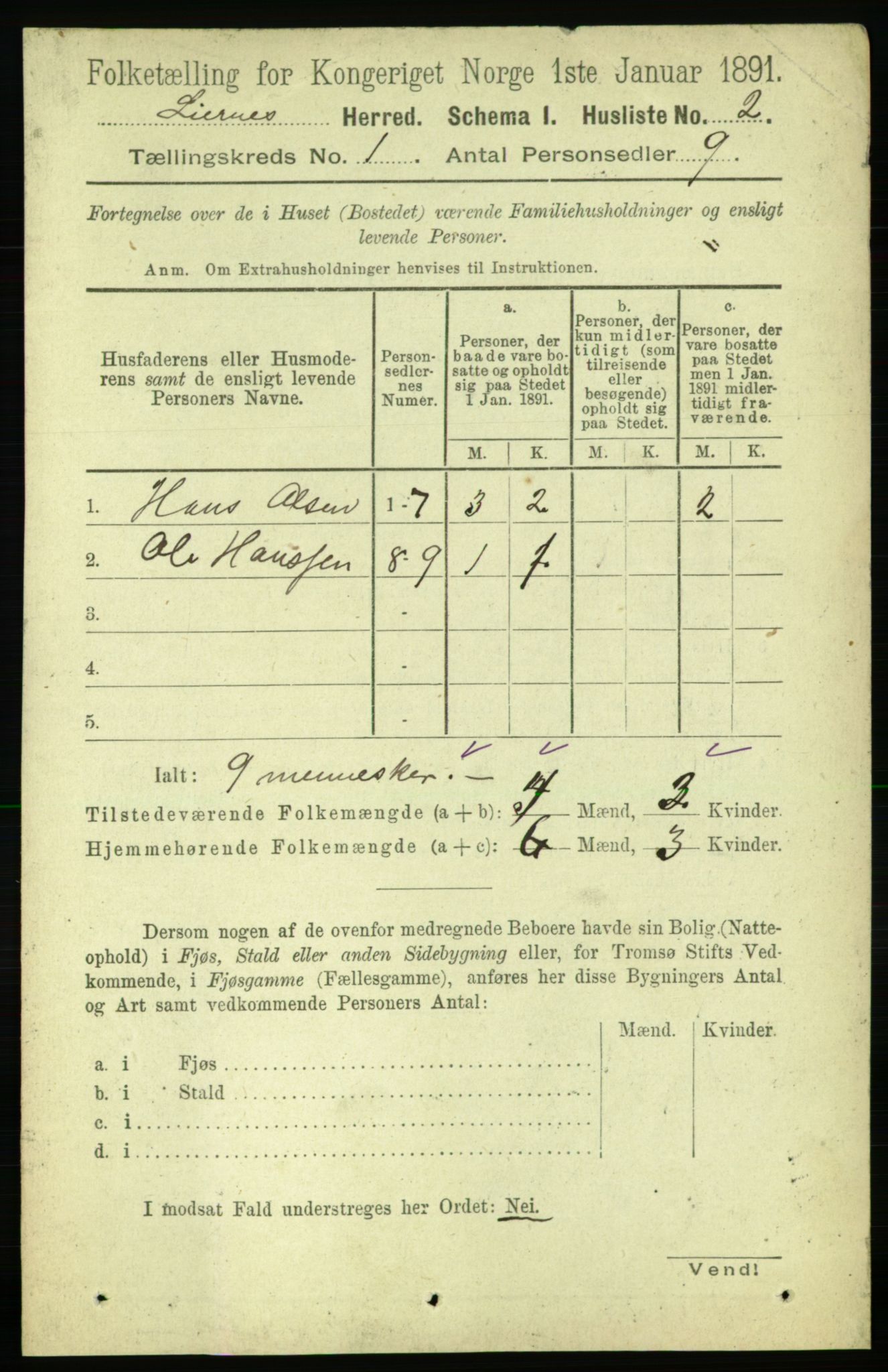 RA, Folketelling 1891 for 1737 Lierne herred, 1891, s. 17