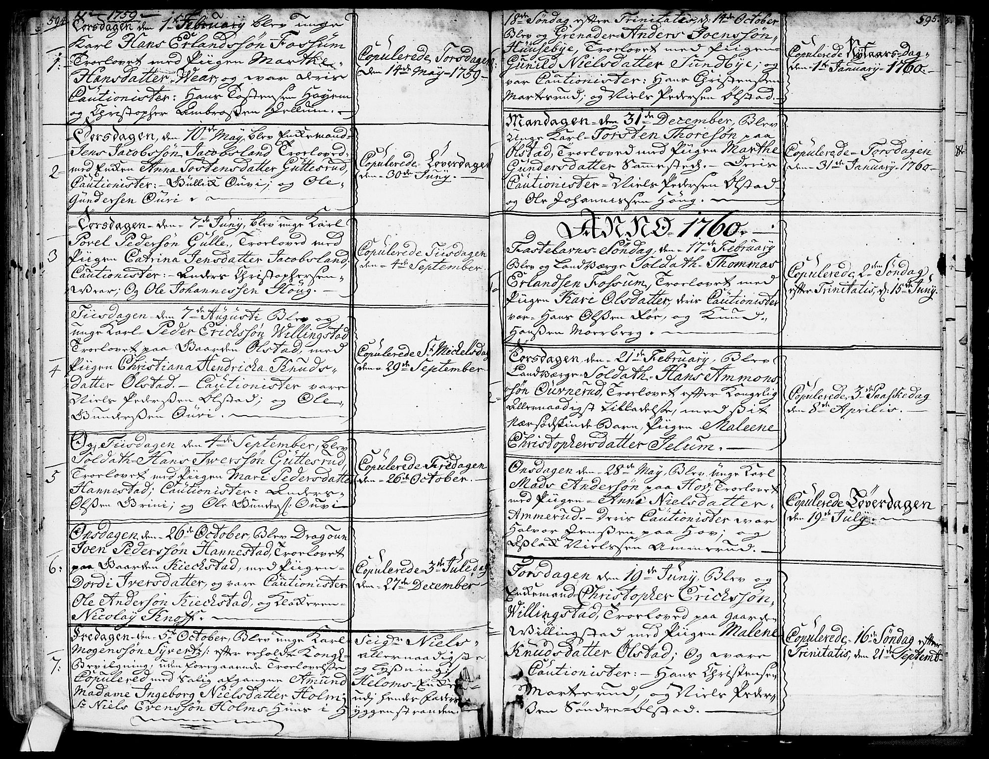 Røyken kirkebøker, AV/SAKO-A-241/G/Ga/L0001: Klokkerbok nr. 1, 1740-1768, s. 594-595