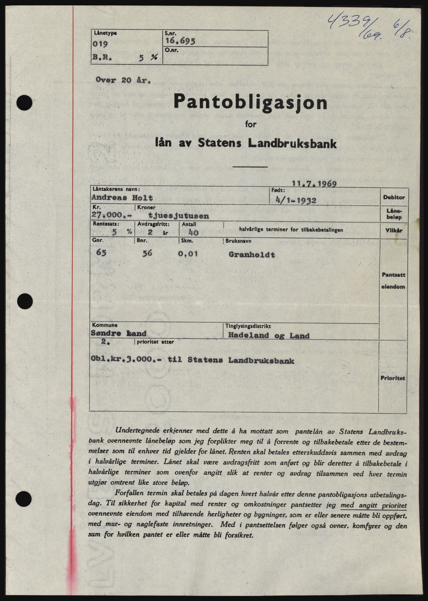 Hadeland og Land tingrett, SAH/TING-010/H/Hb/Hbc/L0074: Pantebok nr. B74, 1969-1969, Dagboknr: 4339/1969