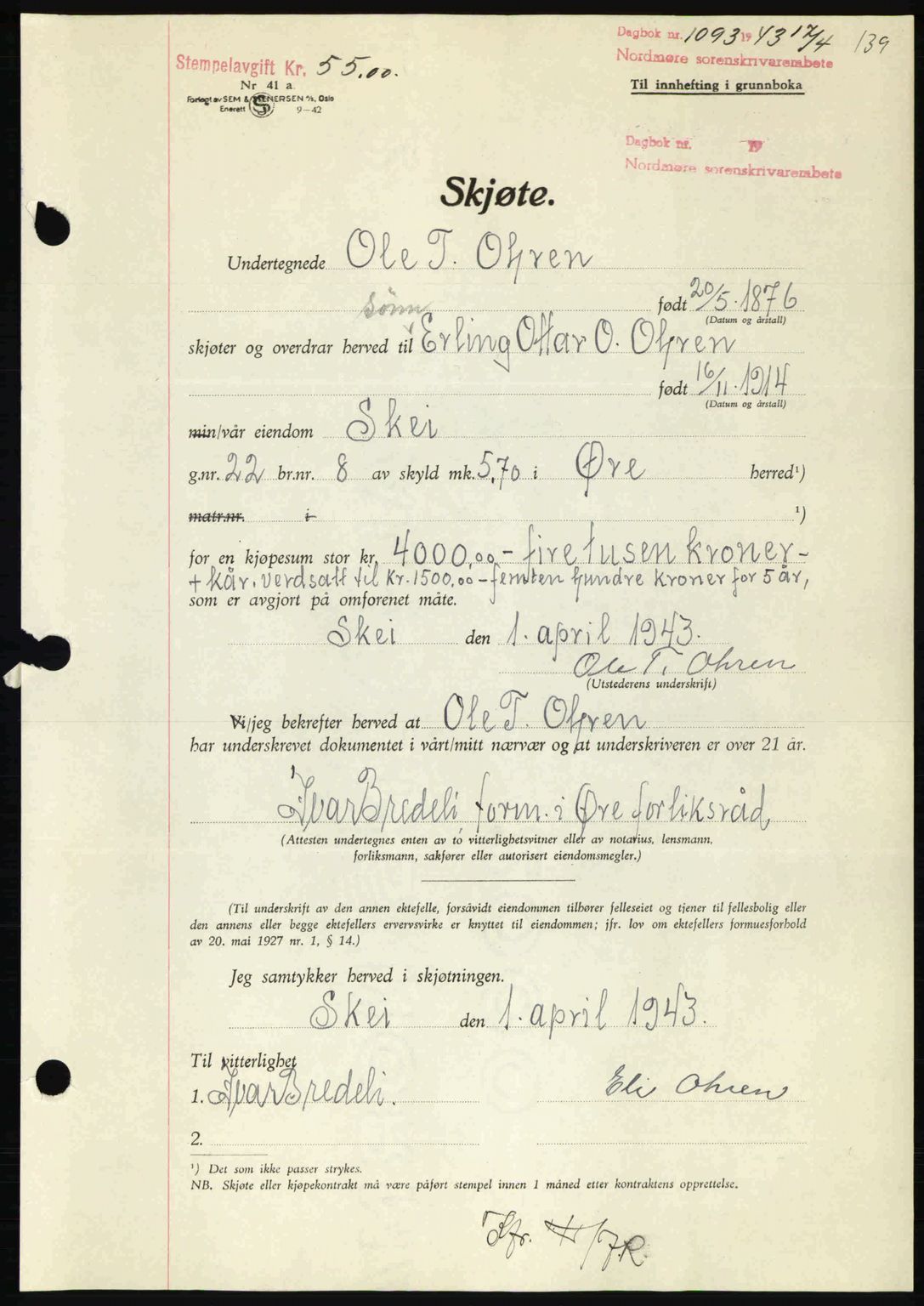 Nordmøre sorenskriveri, AV/SAT-A-4132/1/2/2Ca: Pantebok nr. A95, 1943-1943, Dagboknr: 1093/1943