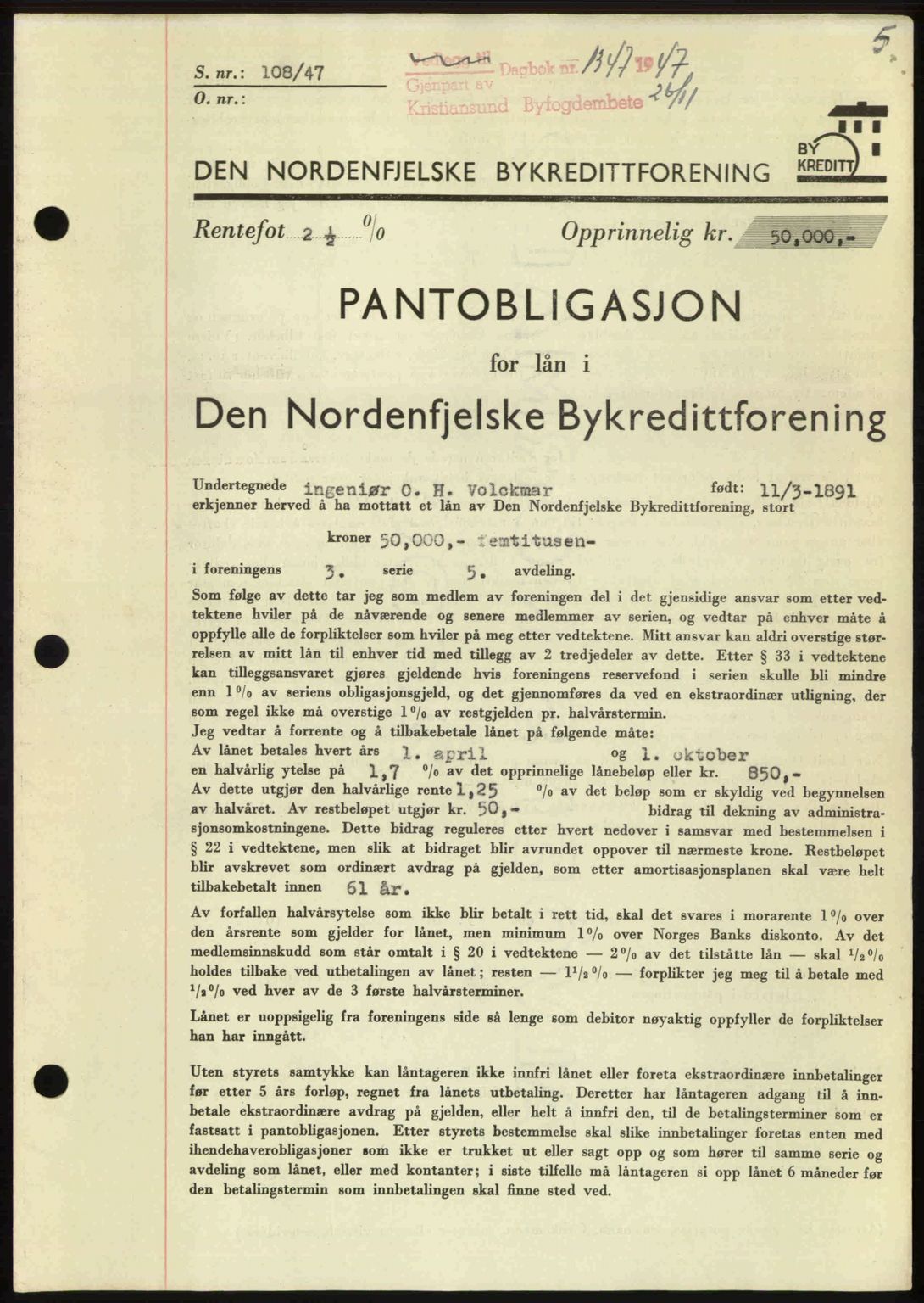 Kristiansund byfogd, AV/SAT-A-4587/A/27: Pantebok nr. 44, 1947-1948, Dagboknr: 1347/1947