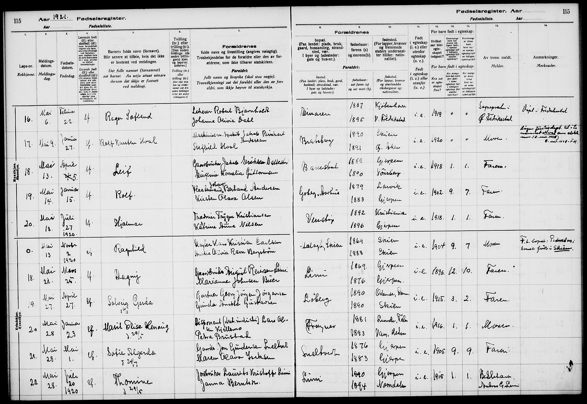 Gjerpen kirkebøker, AV/SAKO-A-265/J/Ja/L0001: Fødselsregister nr. I 1, 1916-1926, s. 115