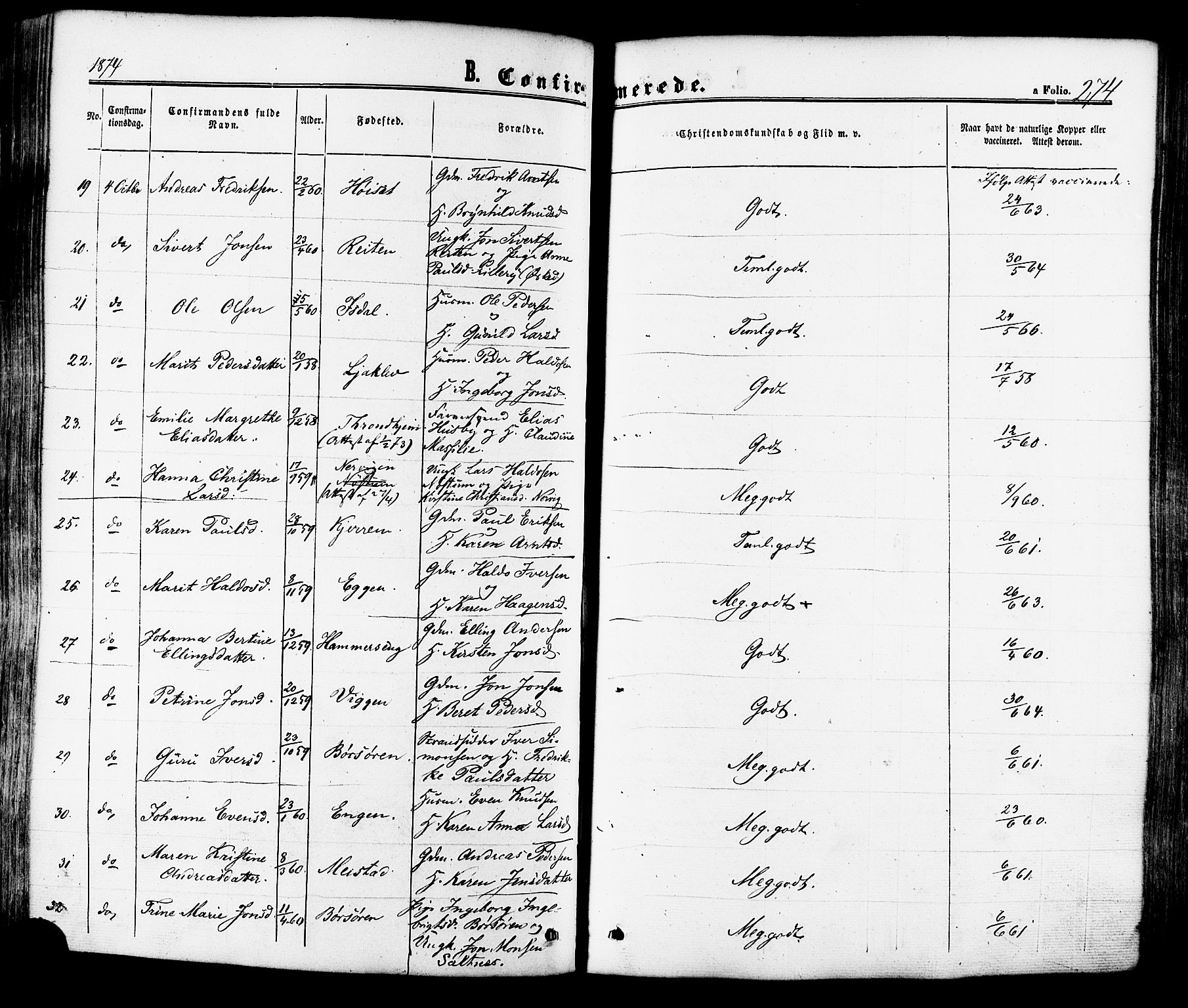 Ministerialprotokoller, klokkerbøker og fødselsregistre - Sør-Trøndelag, SAT/A-1456/665/L0772: Ministerialbok nr. 665A07, 1856-1878, s. 274