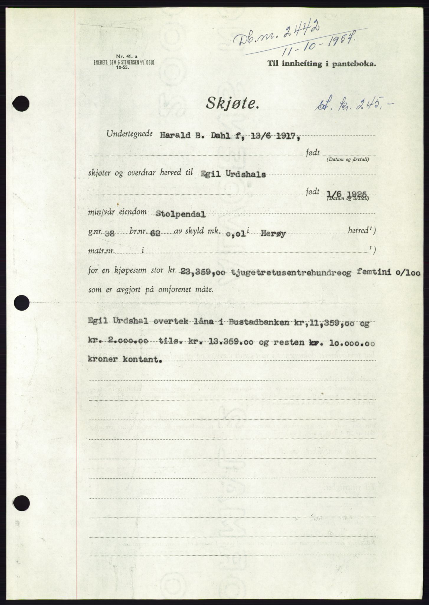 Søre Sunnmøre sorenskriveri, SAT/A-4122/1/2/2C/L0107: Pantebok nr. 33A, 1957-1957, Dagboknr: 2442/1957