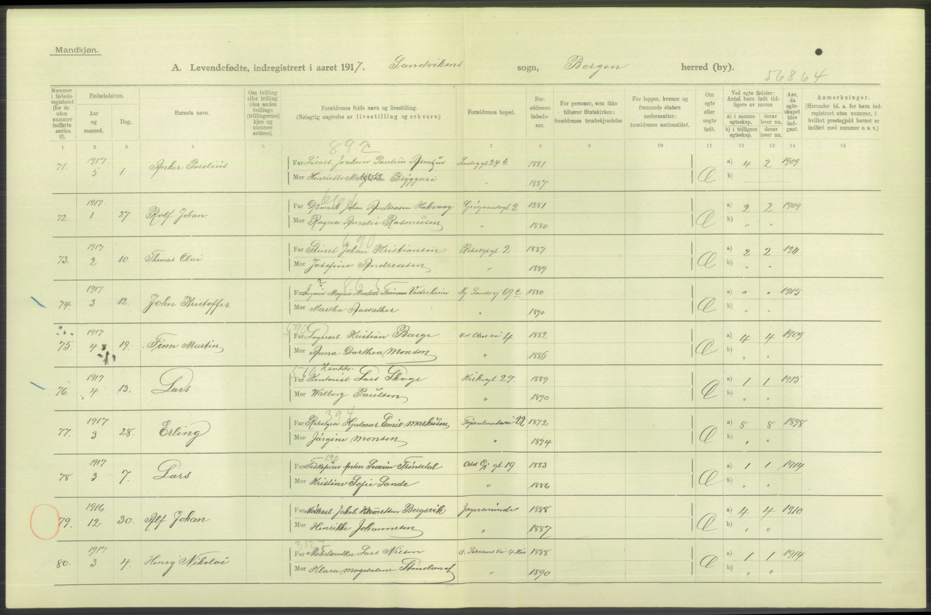 Statistisk sentralbyrå, Sosiodemografiske emner, Befolkning, AV/RA-S-2228/D/Df/Dfb/Dfbg/L0037: Bergen: Levendefødte menn og kvinner., 1917, s. 308