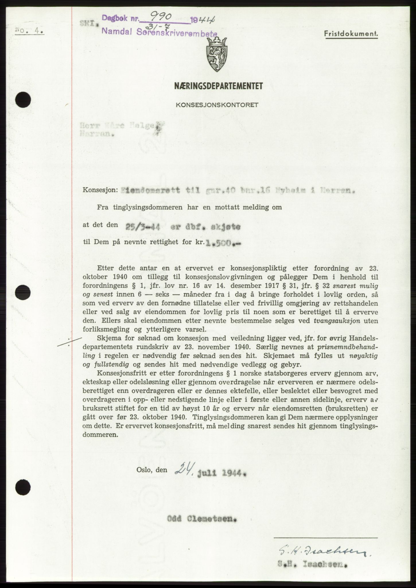 Namdal sorenskriveri, SAT/A-4133/1/2/2C: Pantebok nr. -, 1944-1945, Dagboknr: 990/1944