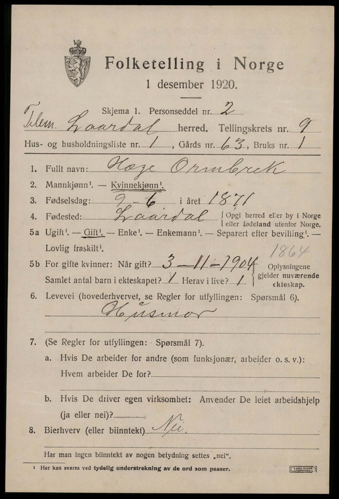 SAKO, Folketelling 1920 for 0833 Lårdal herred, 1920, s. 3177