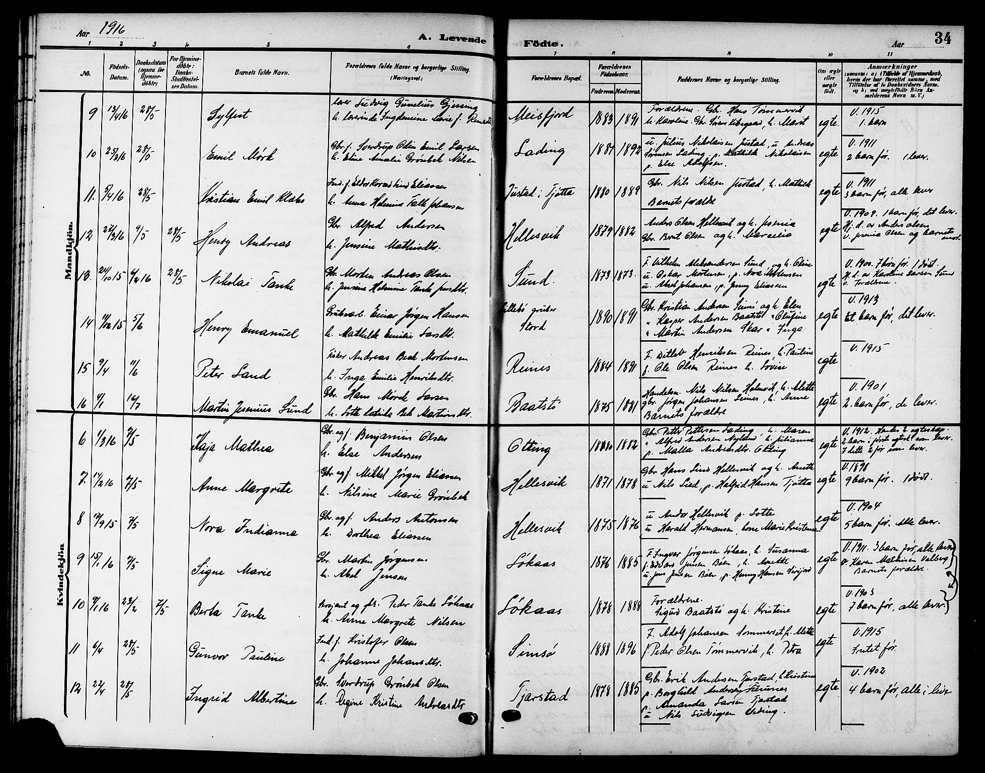 Ministerialprotokoller, klokkerbøker og fødselsregistre - Nordland, AV/SAT-A-1459/832/L0494: Klokkerbok nr. 832C01, 1906-1922, s. 34