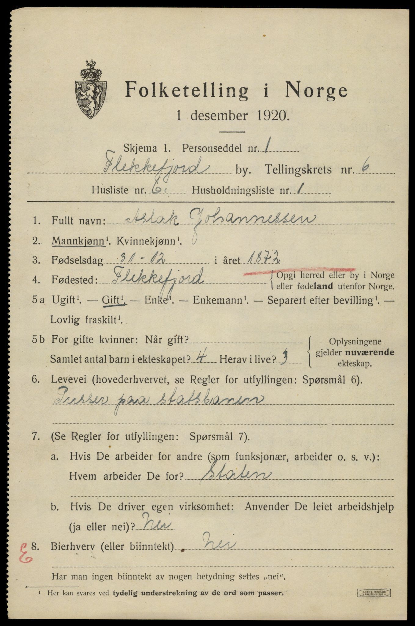 SAK, Folketelling 1920 for 1004 Flekkefjord kjøpstad, 1920, s. 5812