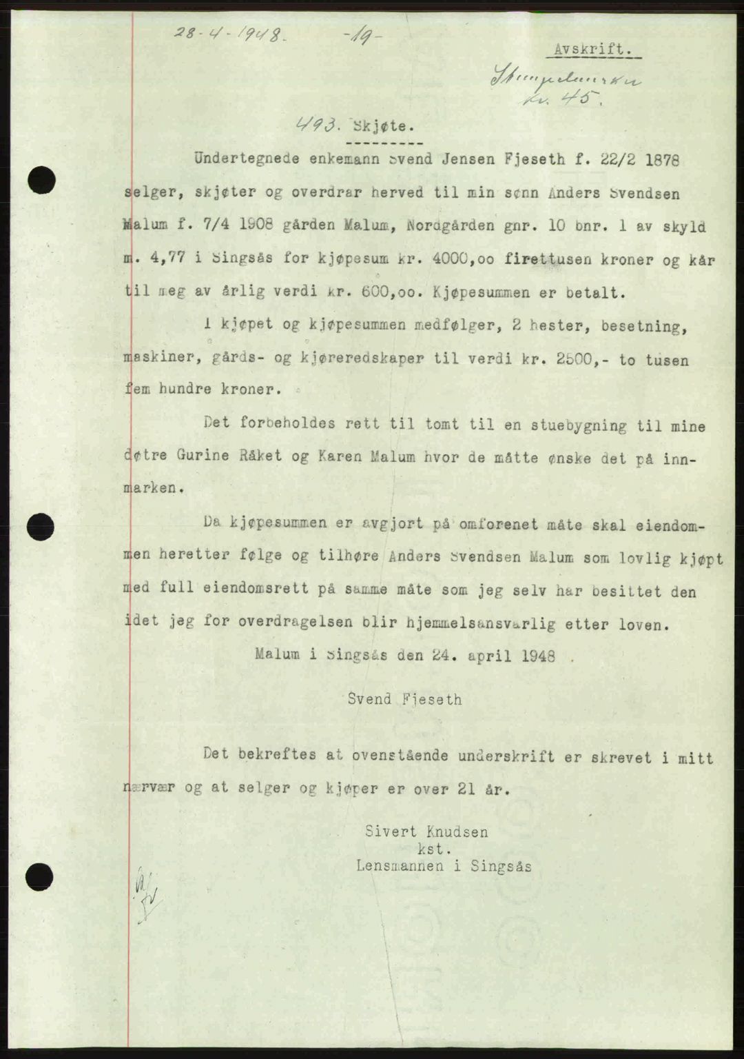 Gauldal sorenskriveri, SAT/A-0014/1/2/2C: Pantebok nr. A5, 1947-1948, Dagboknr: 493/1948