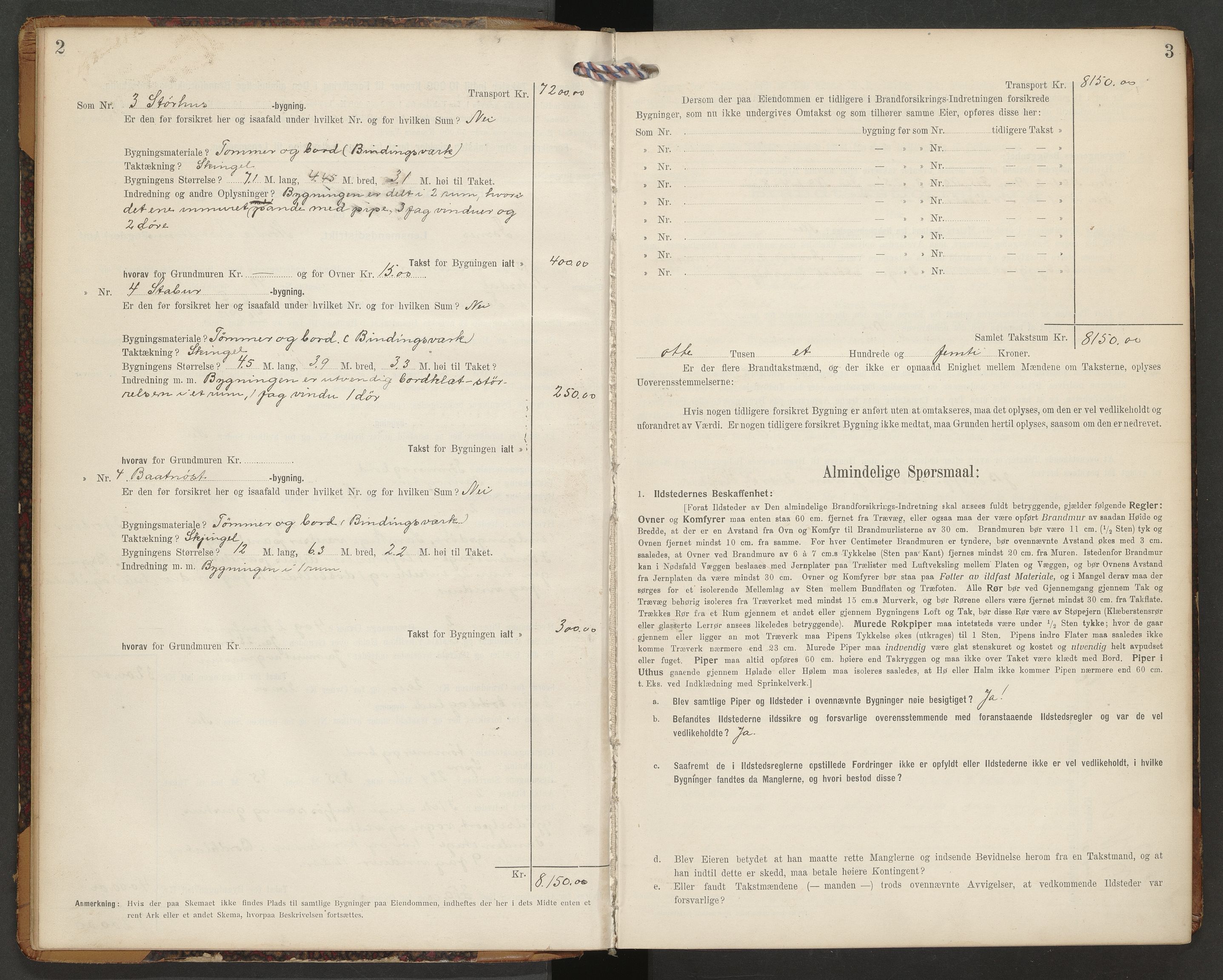 Norges Brannkasse Fosnes, AV/SAT-A-5595/Fb/L0003: Branntakstprotokoll, 1913-1921