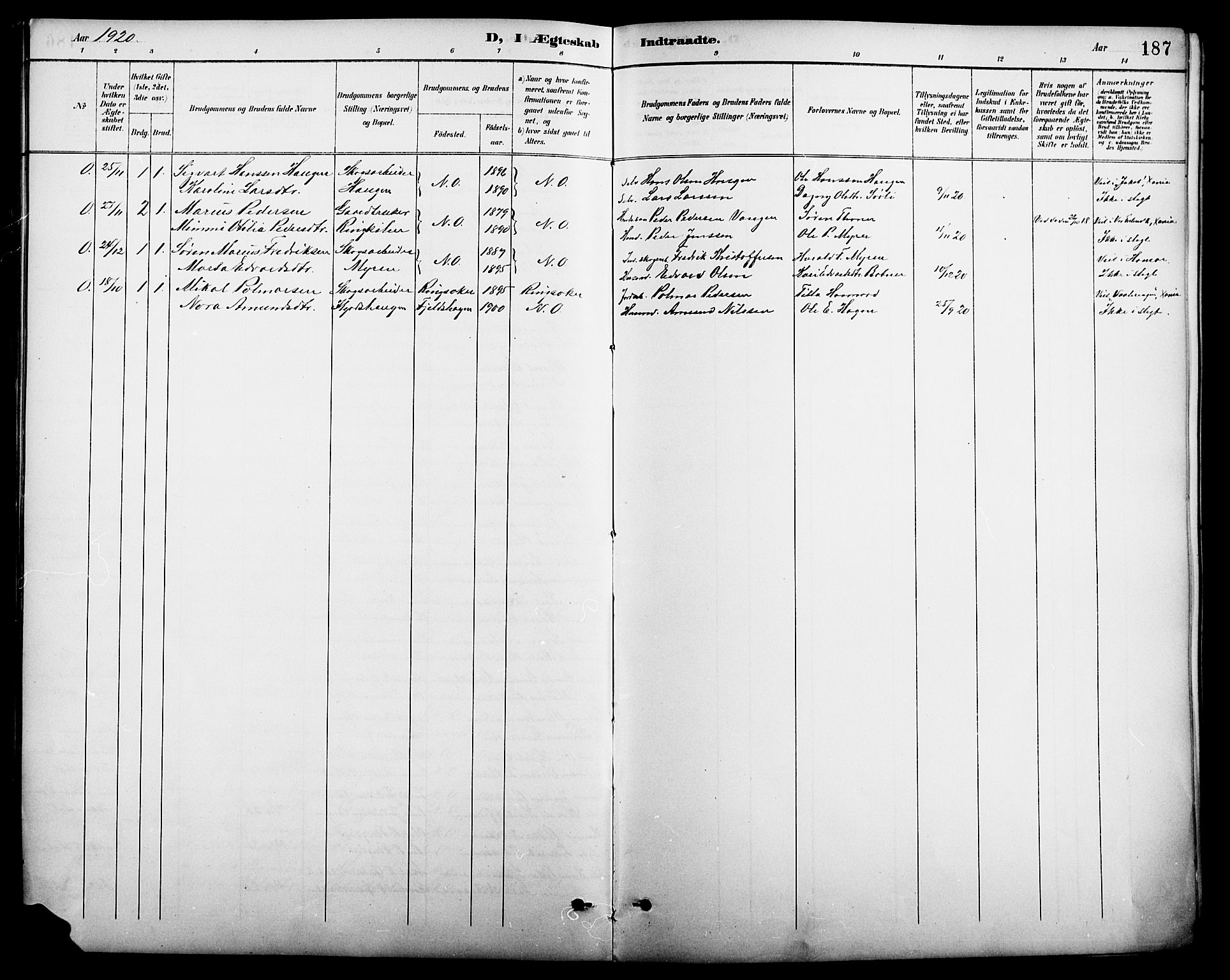 Nord-Odal prestekontor, SAH/PREST-032/H/Ha/Hab/L0002: Klokkerbok nr. 2, 1895-1921, s. 187