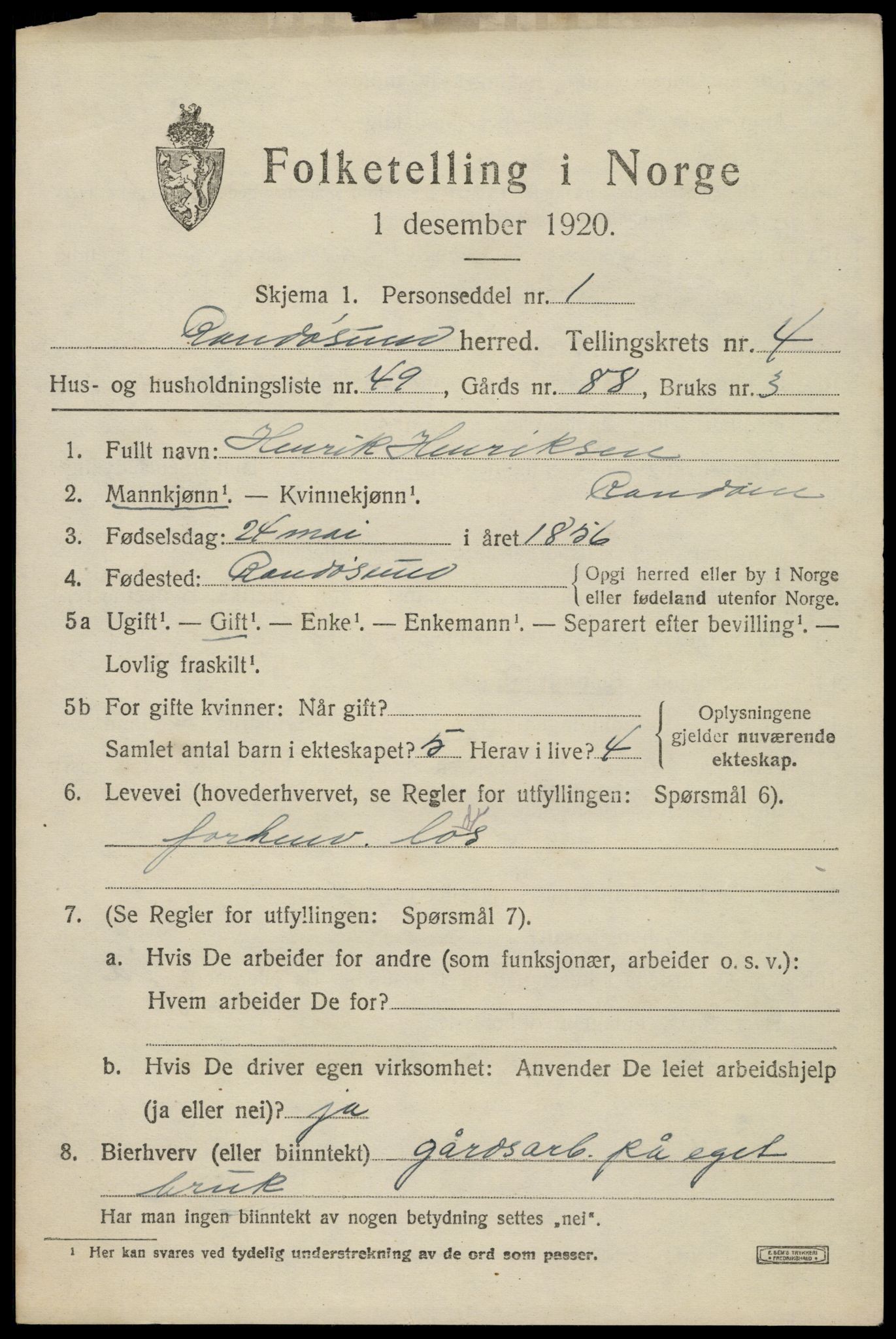 SAK, Folketelling 1920 for 1011 Randesund herred, 1920, s. 2286