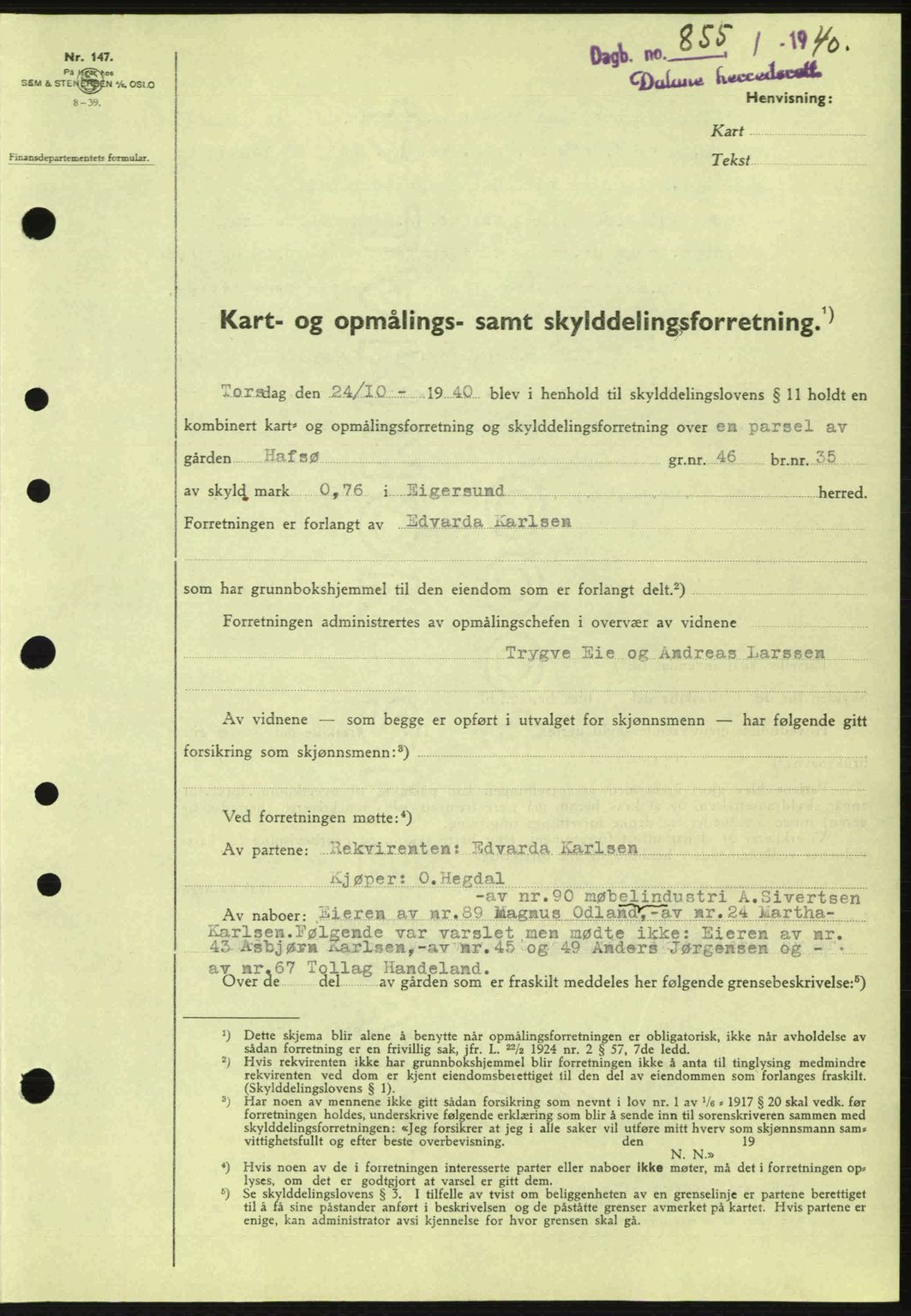 Dalane sorenskriveri, SAST/A-100309/02/G/Gb/L0044: Pantebok nr. A5, 1940-1941, Dagboknr: 855/1940