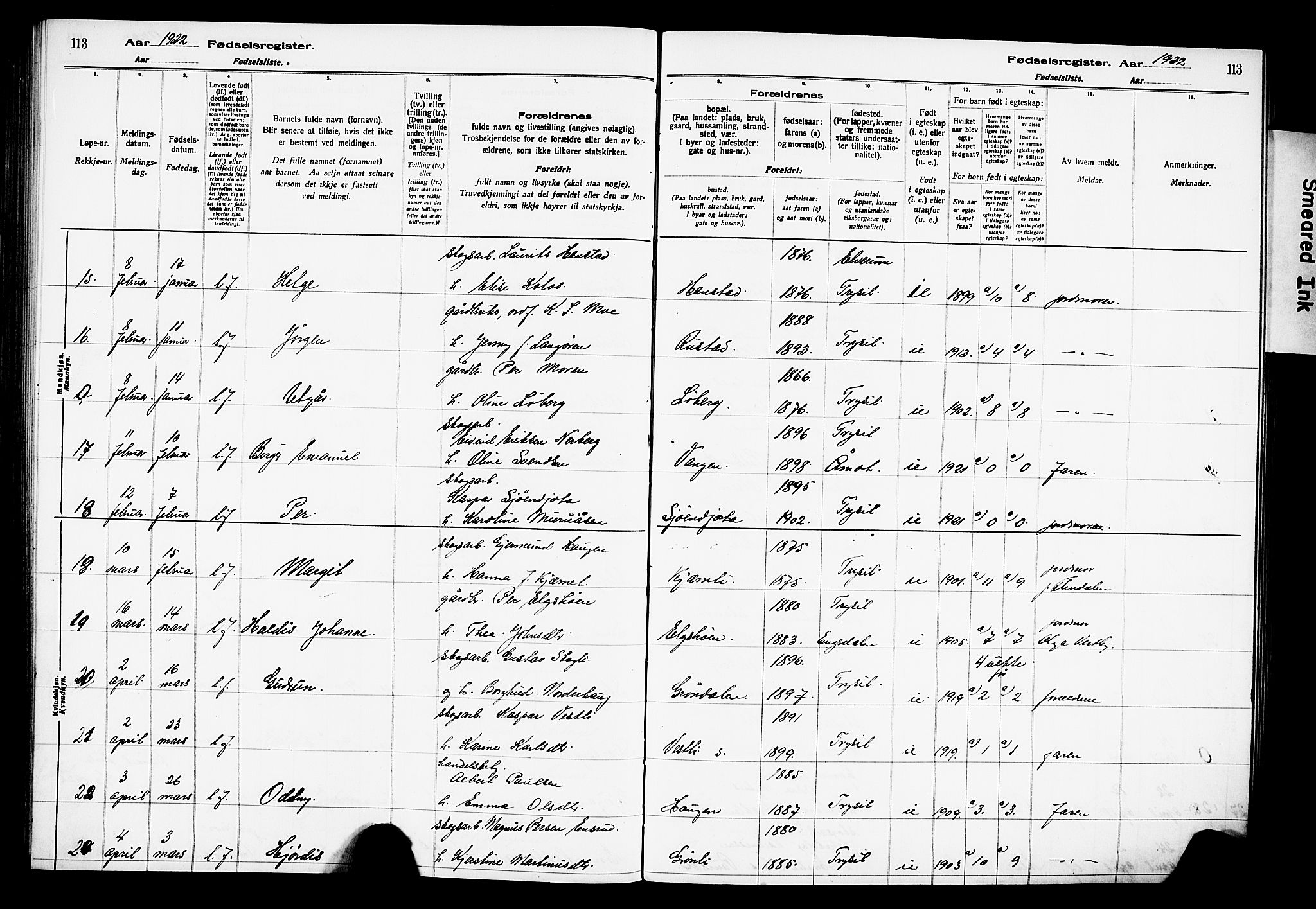 Trysil prestekontor, AV/SAH-PREST-046/I/Id/Ida/L0001: Fødselsregister nr. I 1, 1916-1927, s. 113