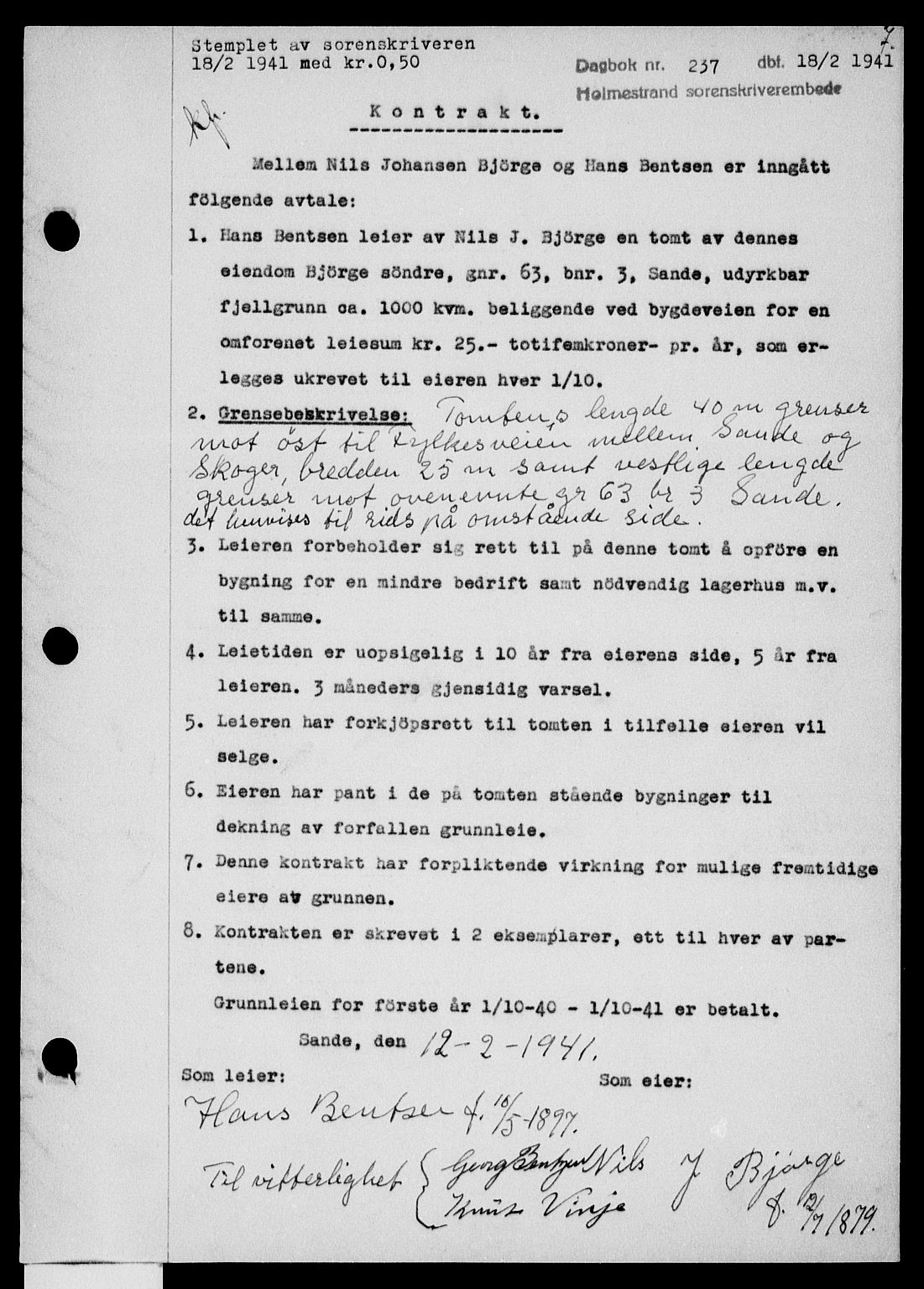 Holmestrand sorenskriveri, SAKO/A-67/G/Ga/Gaa/L0053: Pantebok nr. A-53, 1941-1941, Dagboknr: 237/1941