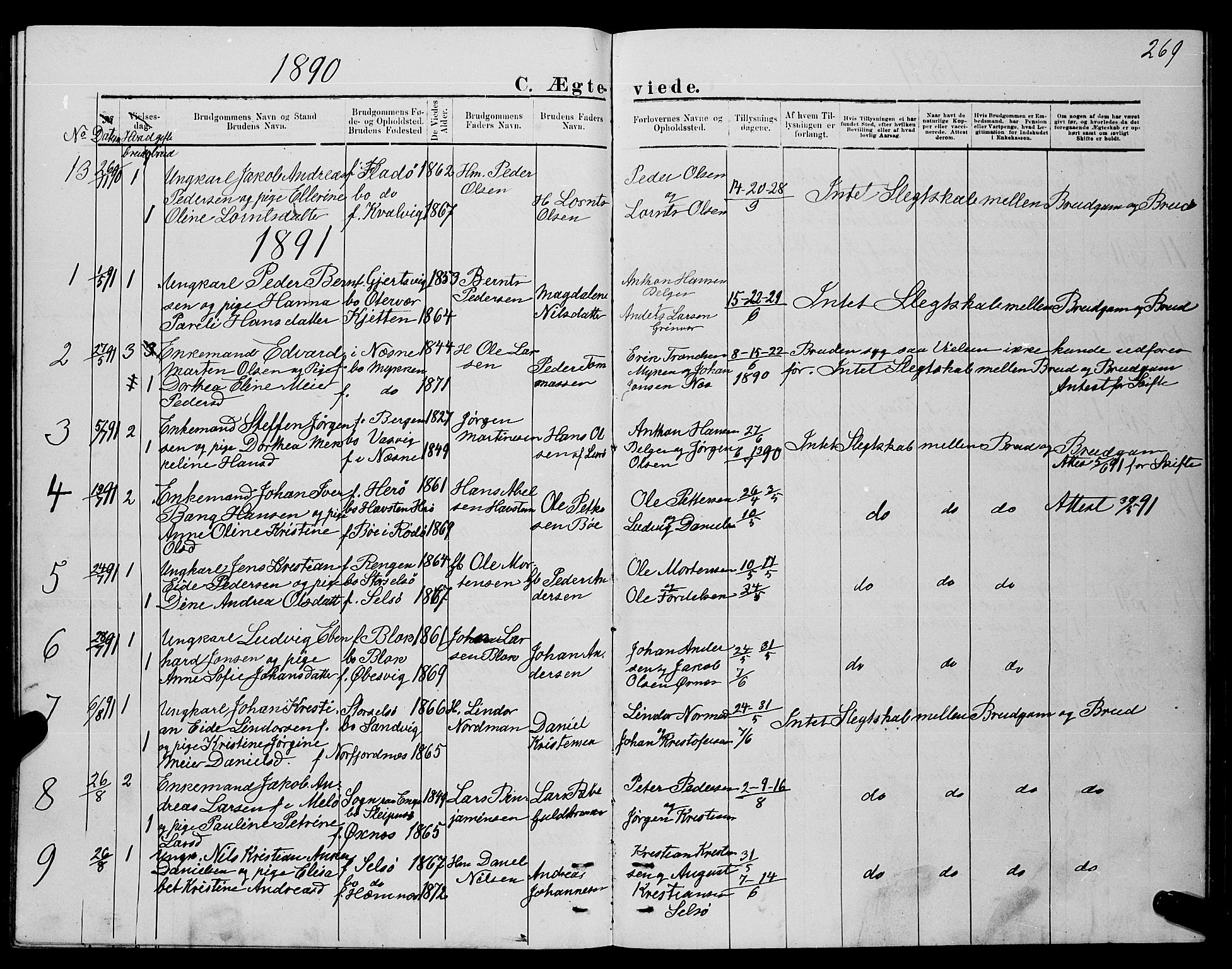 Ministerialprotokoller, klokkerbøker og fødselsregistre - Nordland, SAT/A-1459/841/L0620: Klokkerbok nr. 841C04, 1877-1896, s. 269