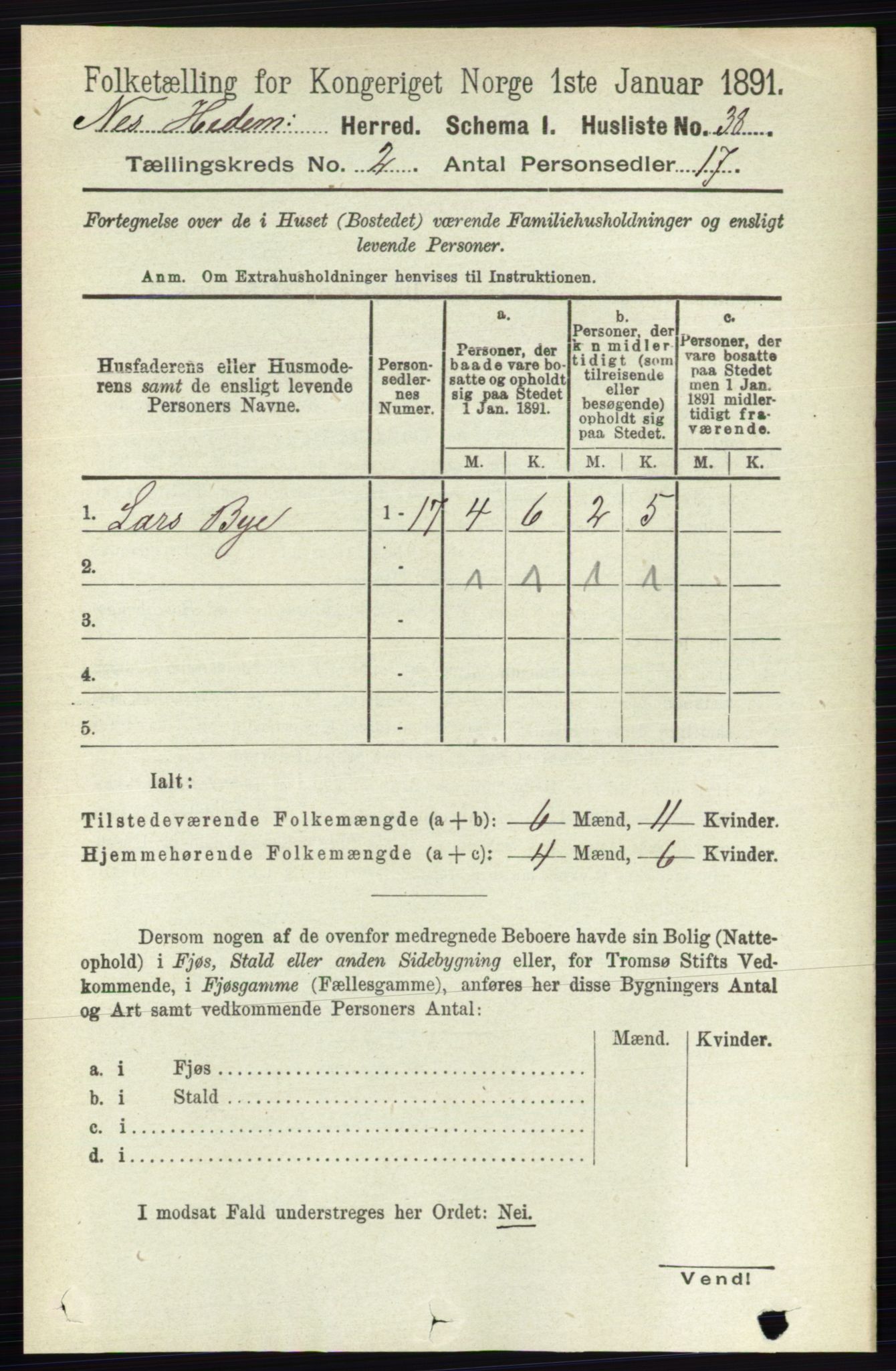 RA, Folketelling 1891 for 0411 Nes herred, 1891, s. 1042