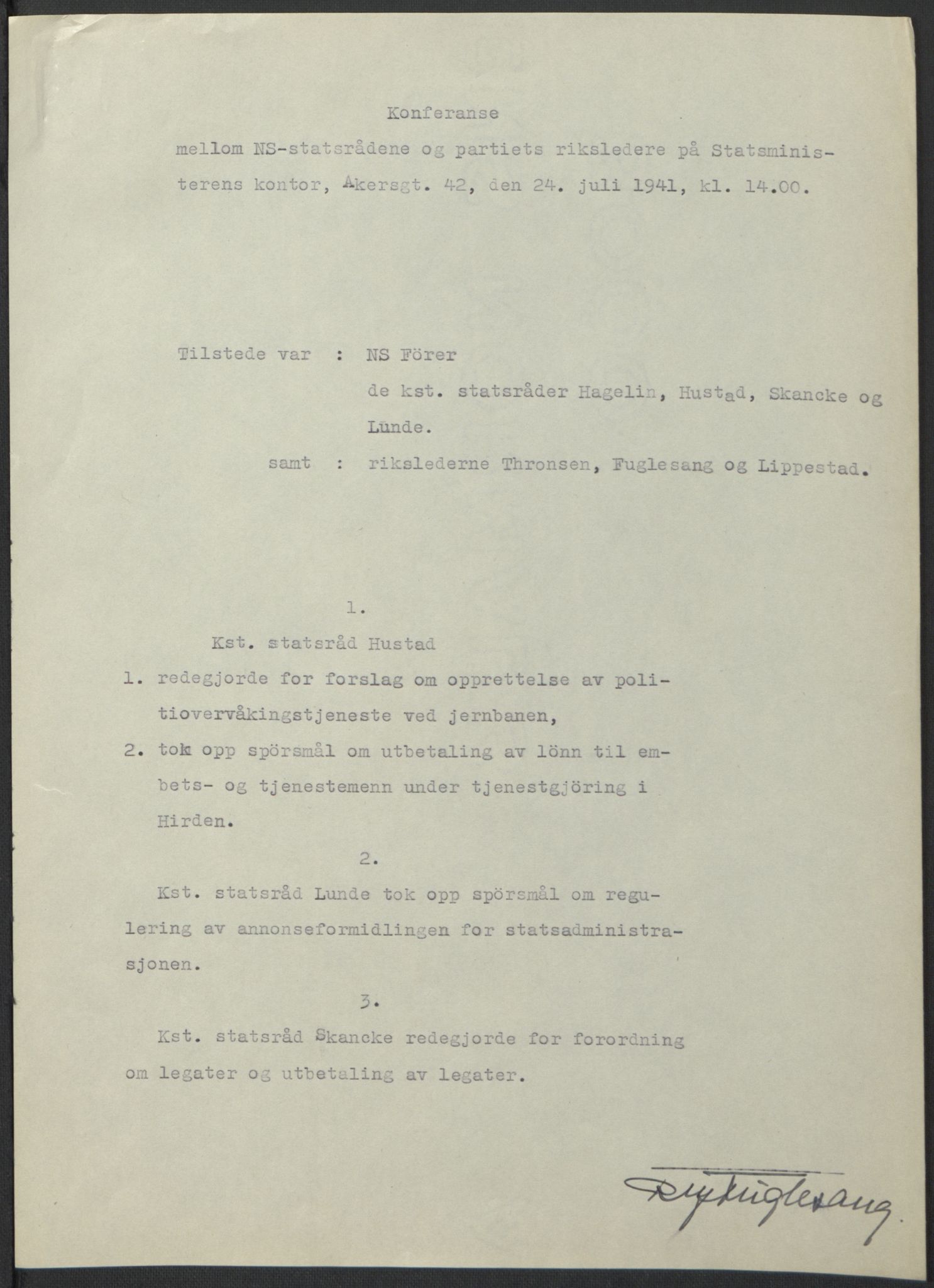 NS-administrasjonen 1940-1945 (Statsrådsekretariatet, de kommisariske statsråder mm), AV/RA-S-4279/D/Db/L0074: De kommisariske statsråder, 1940-1942