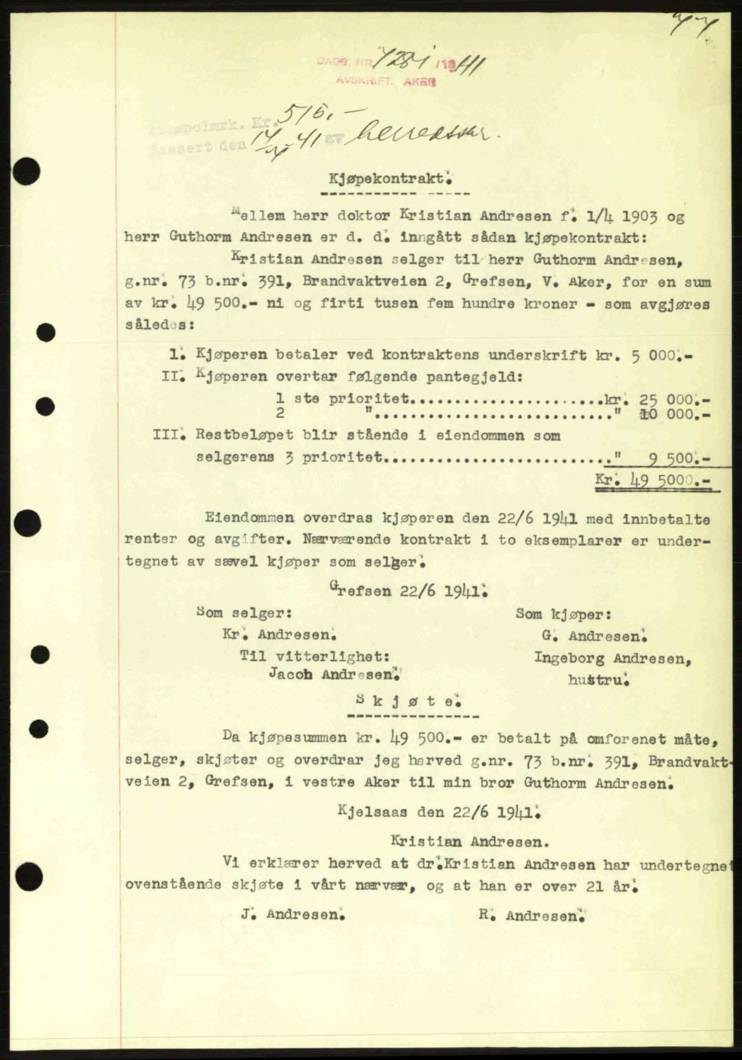 Aker herredsskriveri, SAO/A-10896/G/Gb/Gba/Gbab/L0048: Pantebok nr. A172-173, 1941-1941, Dagboknr: 7281/1941