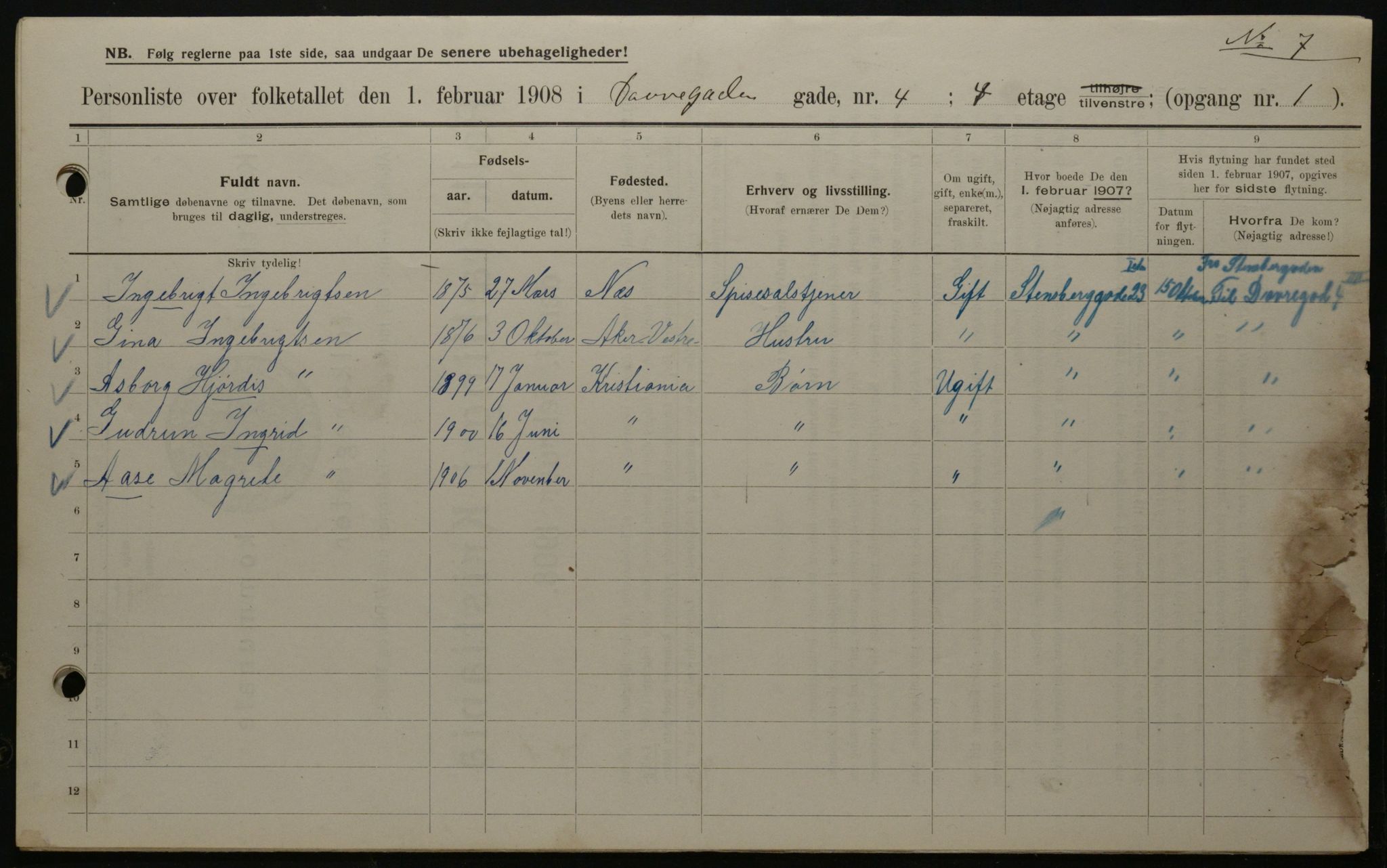 OBA, Kommunal folketelling 1.2.1908 for Kristiania kjøpstad, 1908, s. 14968