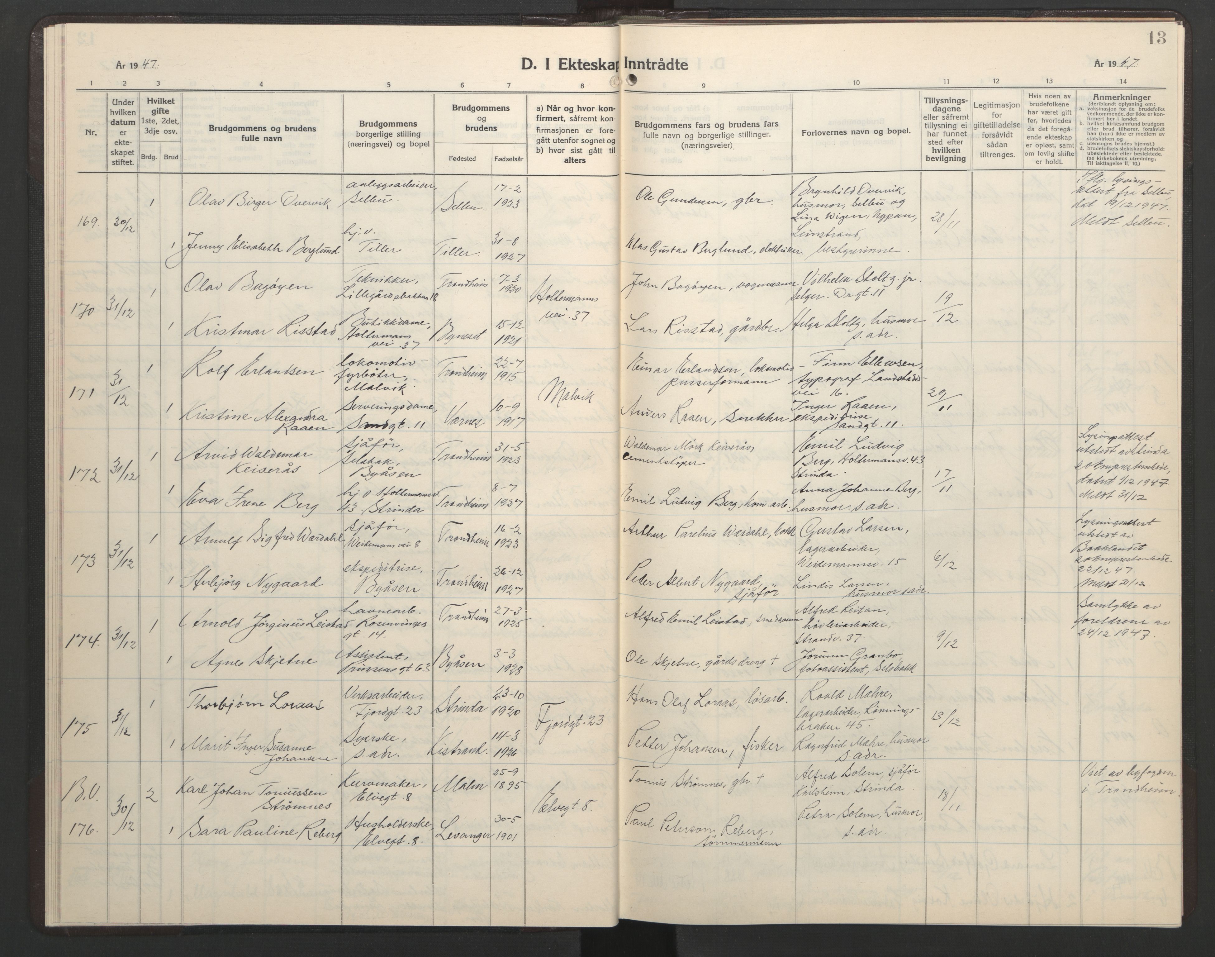 Ministerialprotokoller, klokkerbøker og fødselsregistre - Sør-Trøndelag, AV/SAT-A-1456/602/L0155: Klokkerbok nr. 602C23, 1947-1950, s. 13